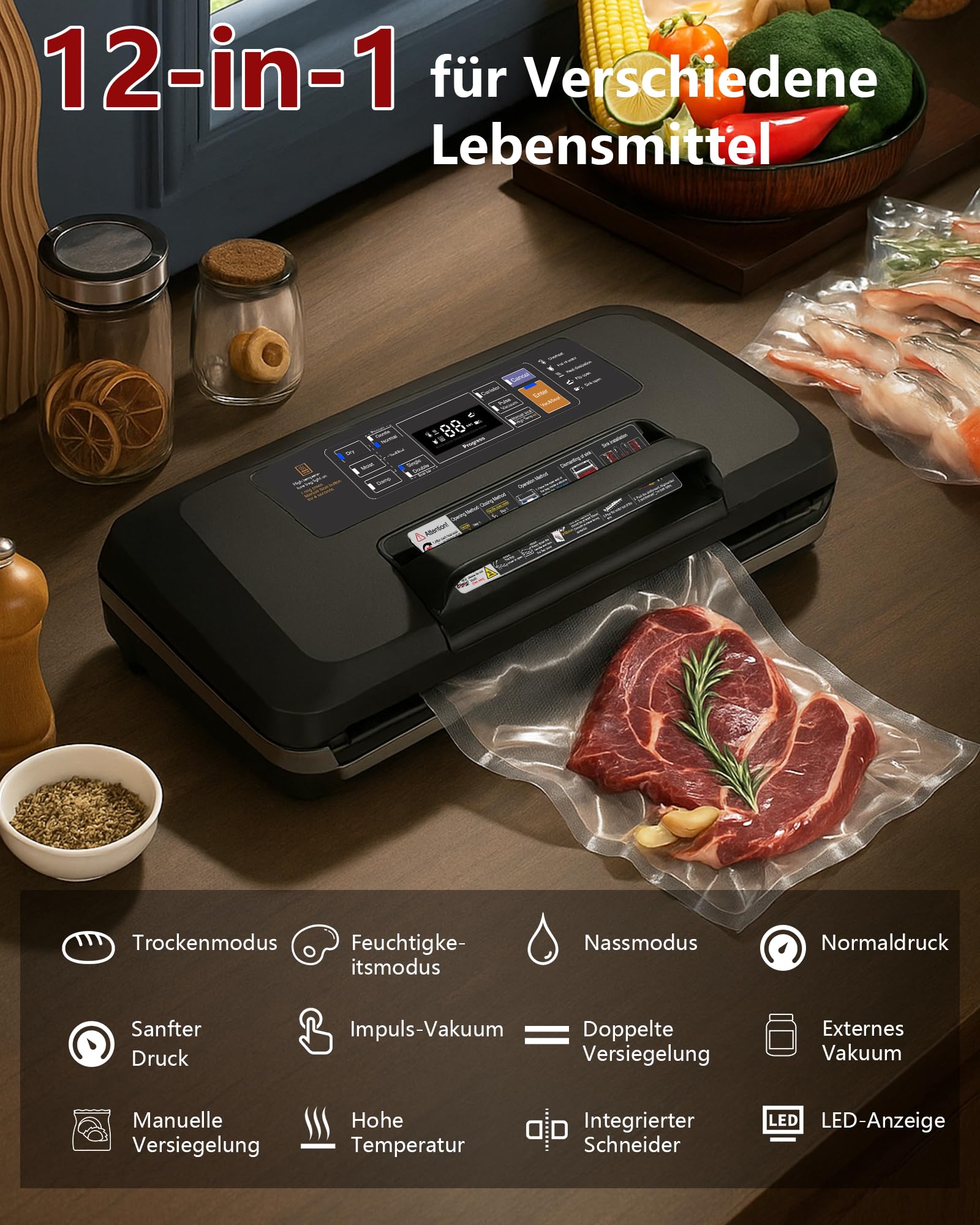 Aparato 12 en 1 con Doble Soldadura: Envasadora al Vacío Doméstica y Profesional para Alimentos de 95 kPa – Incluye Easy-Lock, Cortador de Film, Bandeja Desmontable para Conservación de Larga Duración