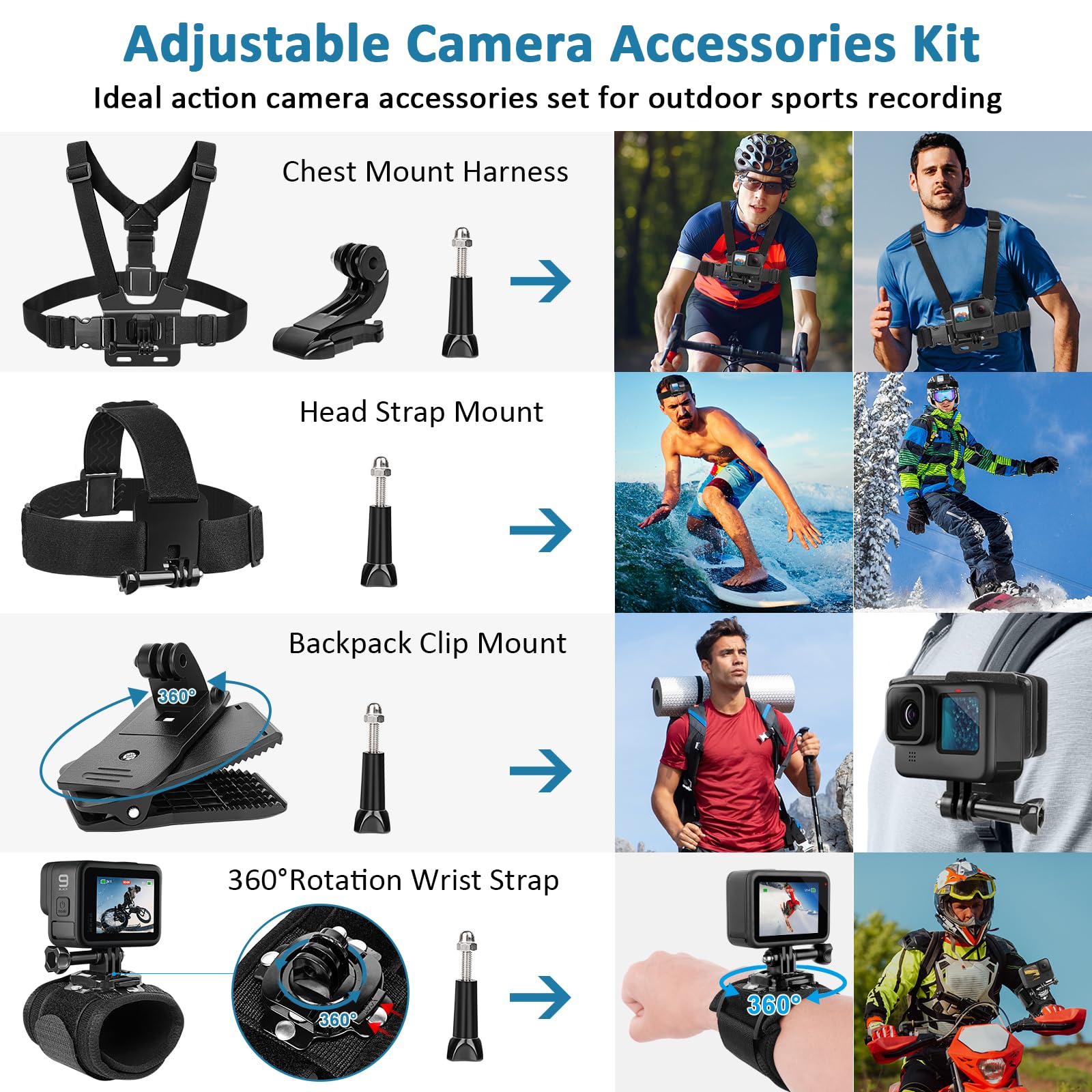 Zestaw akcesoriów do kamer sportowych ChromLives, 57-w-1 zestaw uchwytów do kamery sportowej kompatybilny z Gopro Hero 13 12 11 10 9 8 7 6 5/Session 5/Hero 4/3+/3/2/1, DJI Osmo, Akaso, Insta360, Nagry