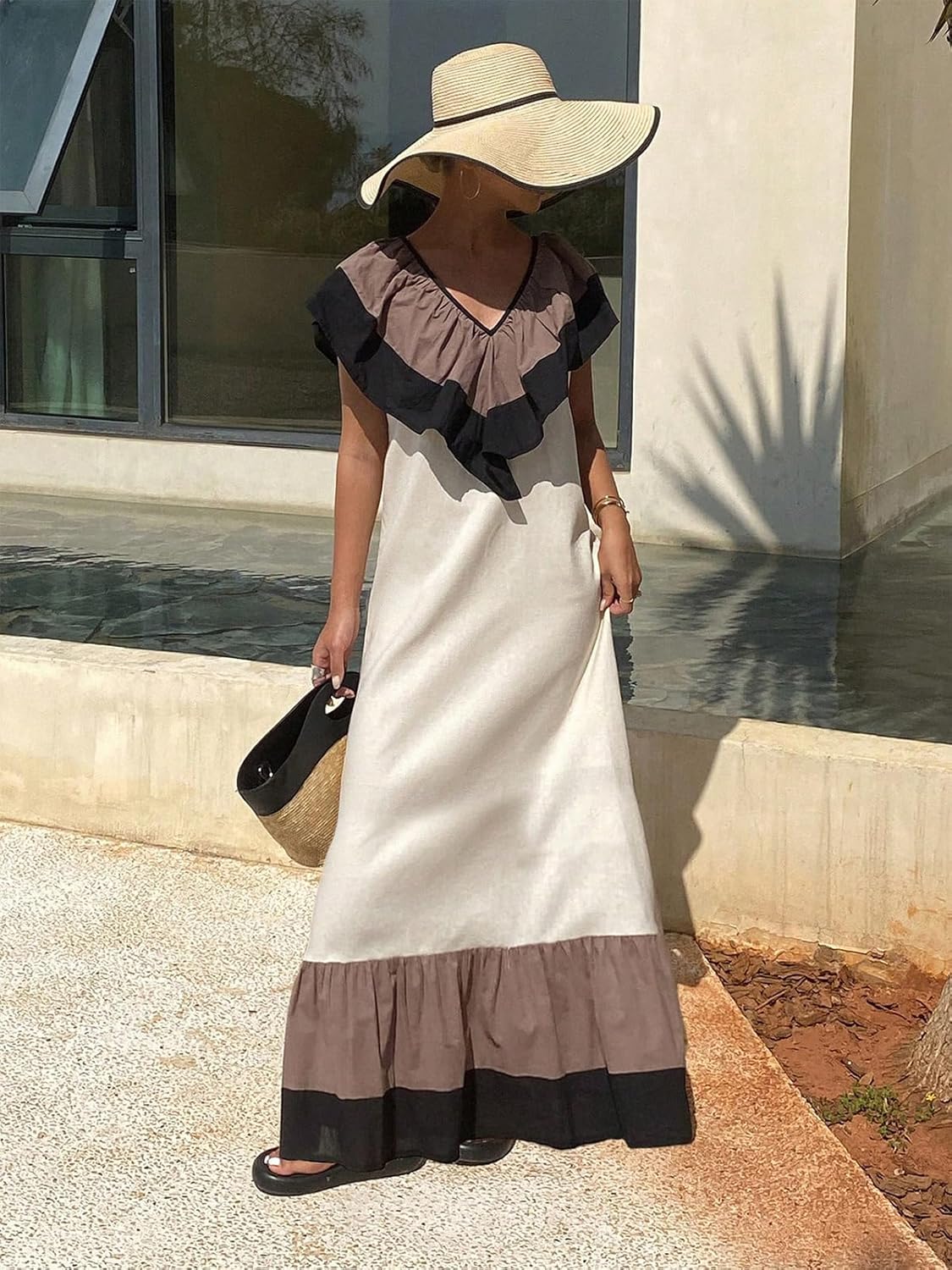 Womens Boho V-Neck Ruffled Maxi Dress Colorblock Loose Summer Beach Flowy Long Smock Dress Sundress with Pockets - Image 5