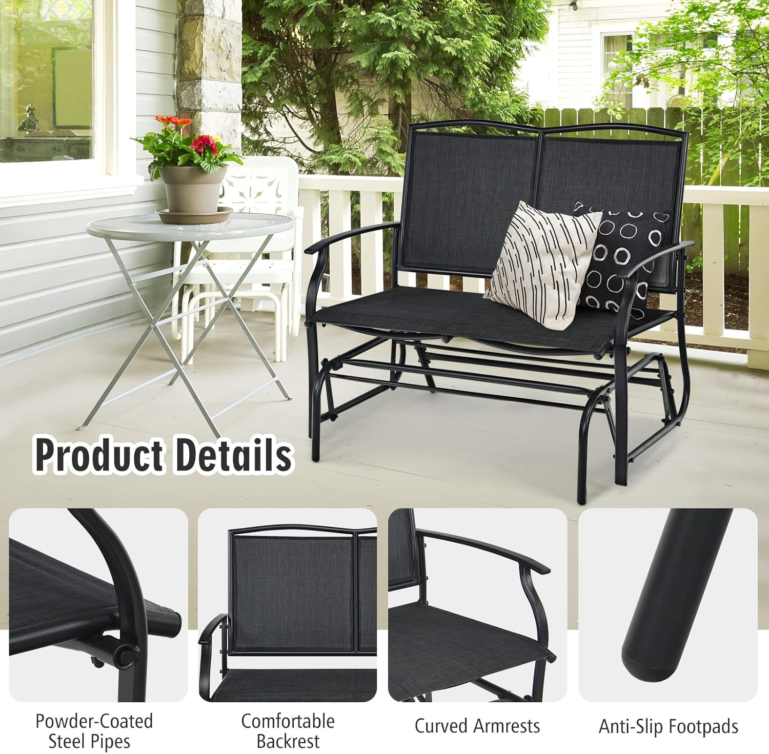 Byroce 2-Person Patio Outdoor Glider Bench, Double Swing Loveseat Rocker with Heavy Duty Metal Frame, 400 LBS, Rocking Chair for Backyard, Balcony, Garden, Poolside, Deck, Front Porch (Black)