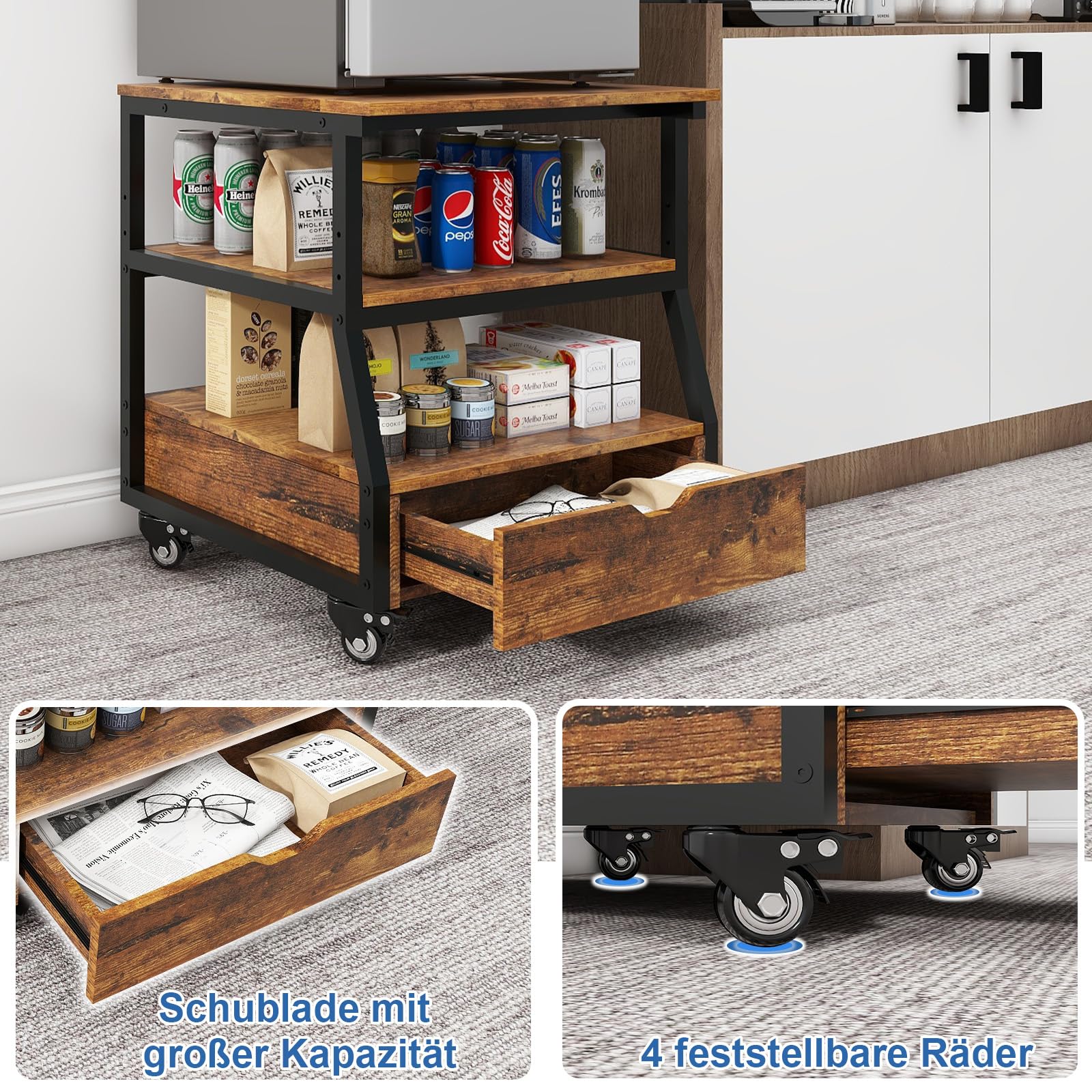 PUNCIA 3-Ebenen Kühlschrankständer Kühlschrankhalter mit Schublade Retro | Untergestell für Kühlschrank auf Rollen Sockel Unterstand für Gefrierschrank Küche Wohnzimmer Office Arbeitszimmer Büro