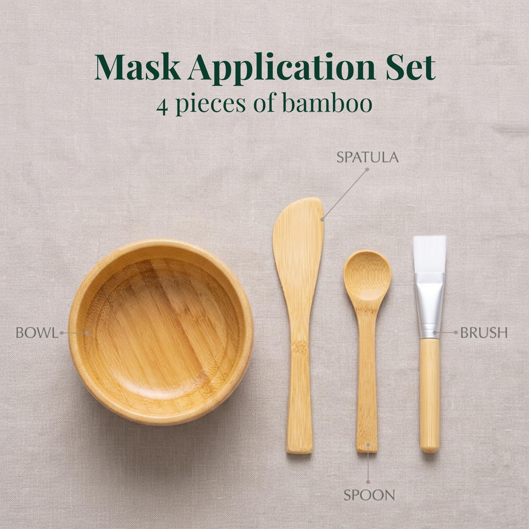 Set 4 Pezzi Maschera Viso Bambù con Ciotola, Pennello, Spatola e Cucchiaio – Kit Applicazione Maschere Facciali Riutilizzabile, Accessori Beauty Skincare Facile Pulizia