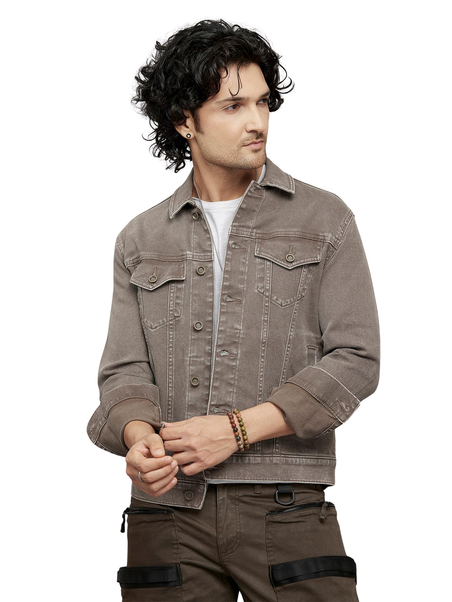 Khaki Button Front Closure Classic Flap Pocket Denim Jacket-image-30