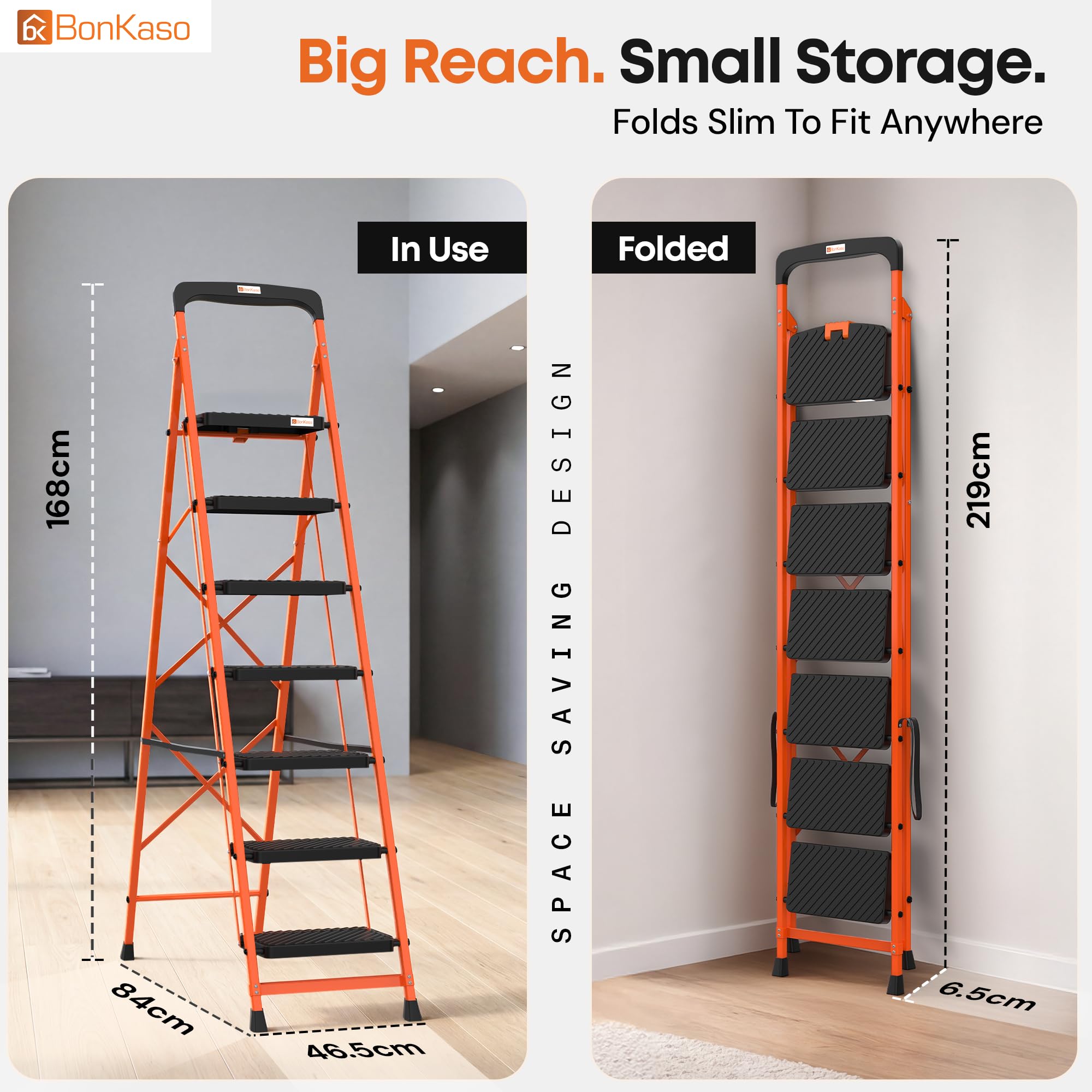 BonKaso Climb Easy 7 Step Foldable Steel Kitchen Ladder for Indoor & Outdoor use with Safety Clutch Lock, Anti-Slip Wide Durable Plastic Steps, Support Handle & Tool Tray (Orange & Black) — Amazon image 3