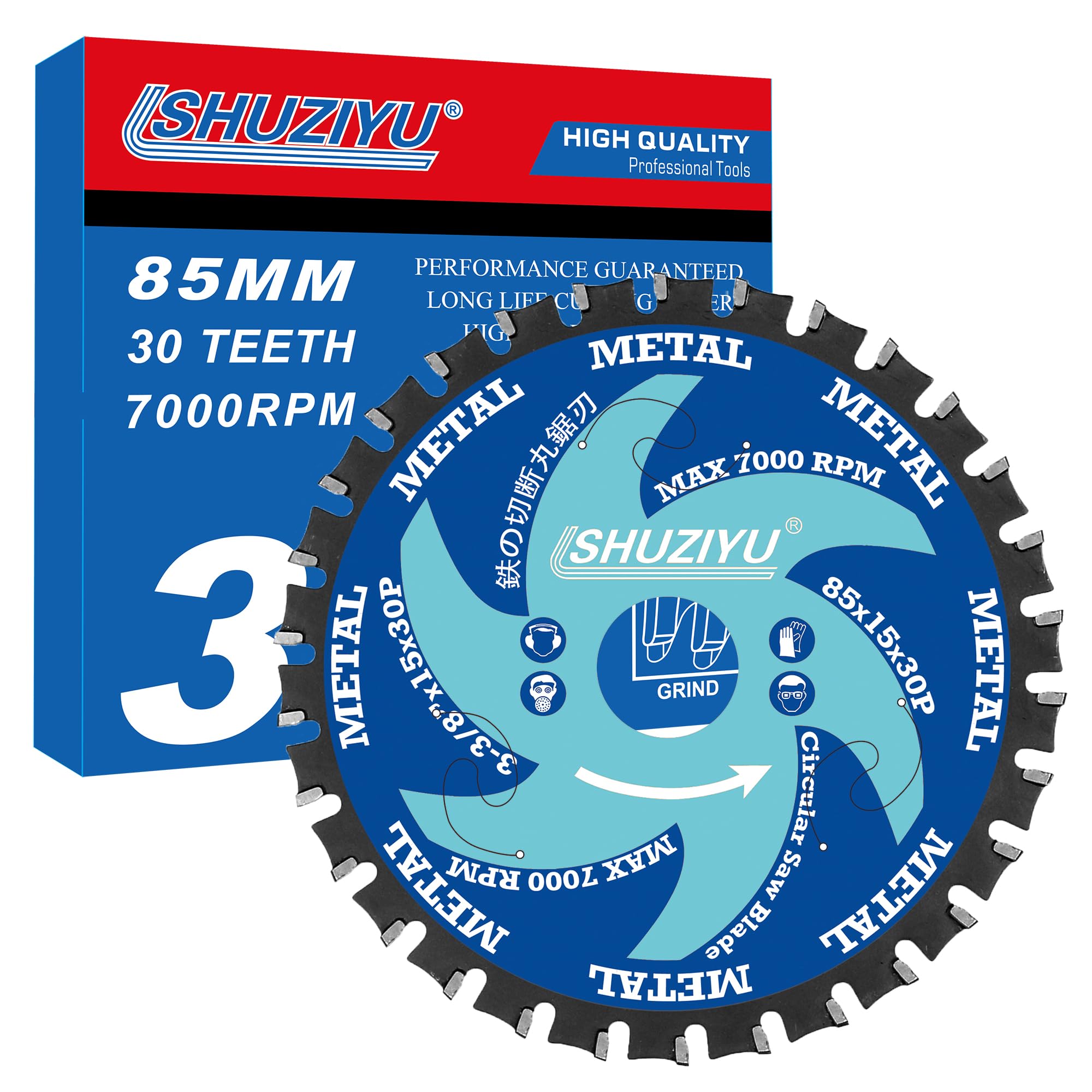 3-3/8" (85mm)-30T, Metal Working Circular Saw Blade, Arbor 15mm with 10mm Wahser, Use on All Brand 15mm Arbor Cordless Saw, Metal, Steel Iron Bar, Sheet, Angle Cutting