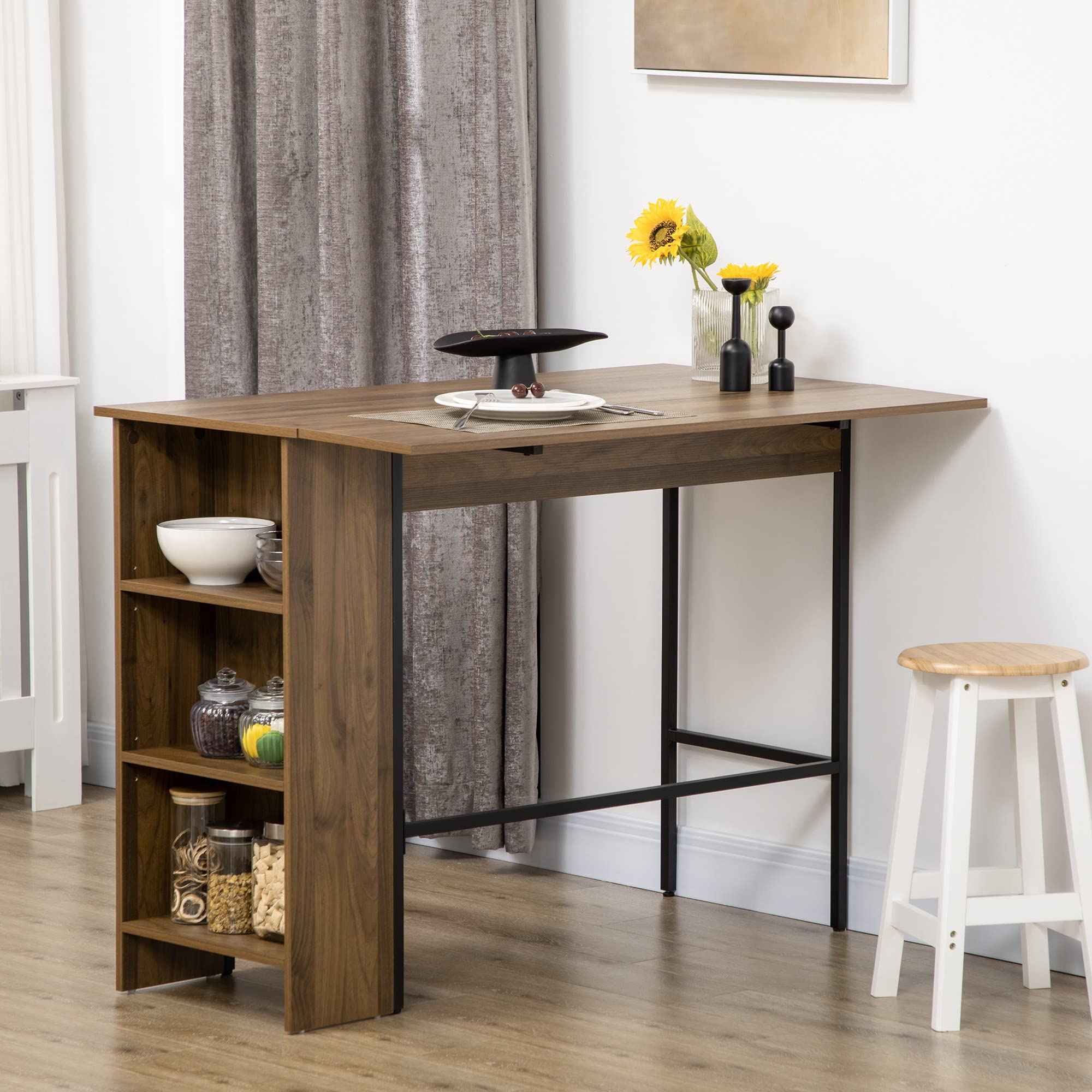 HOMCOM Tavolo da bar con contenitore Tavolo da bistrot Isola centrale con piano laterale pieghevole e 3 ripiani - 120 x 76 x 91,4 cm marrone