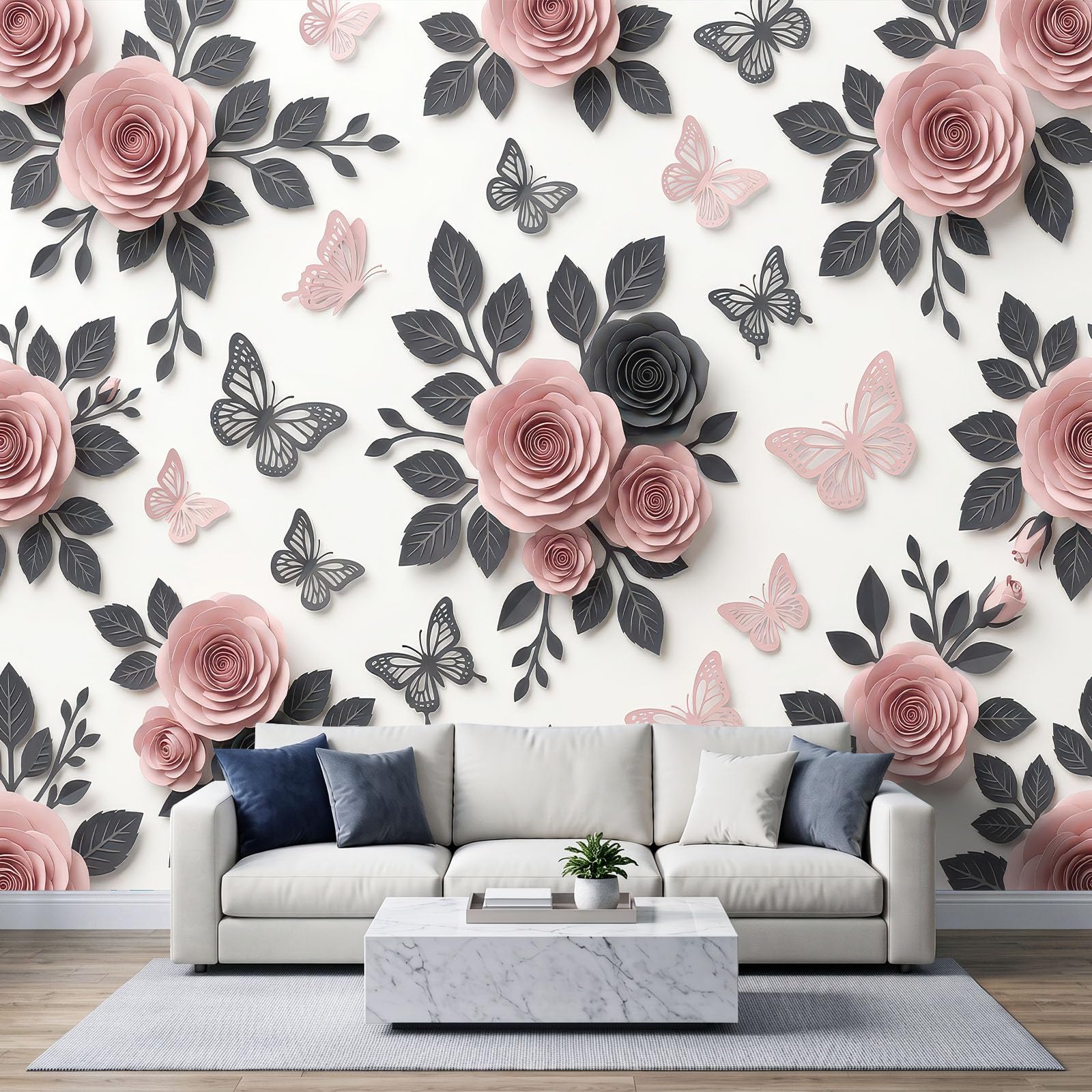 WTD - Papel pintado fotográfico (tejido no tejido, 400 x 280 cm), diseño de rosas y mariposas