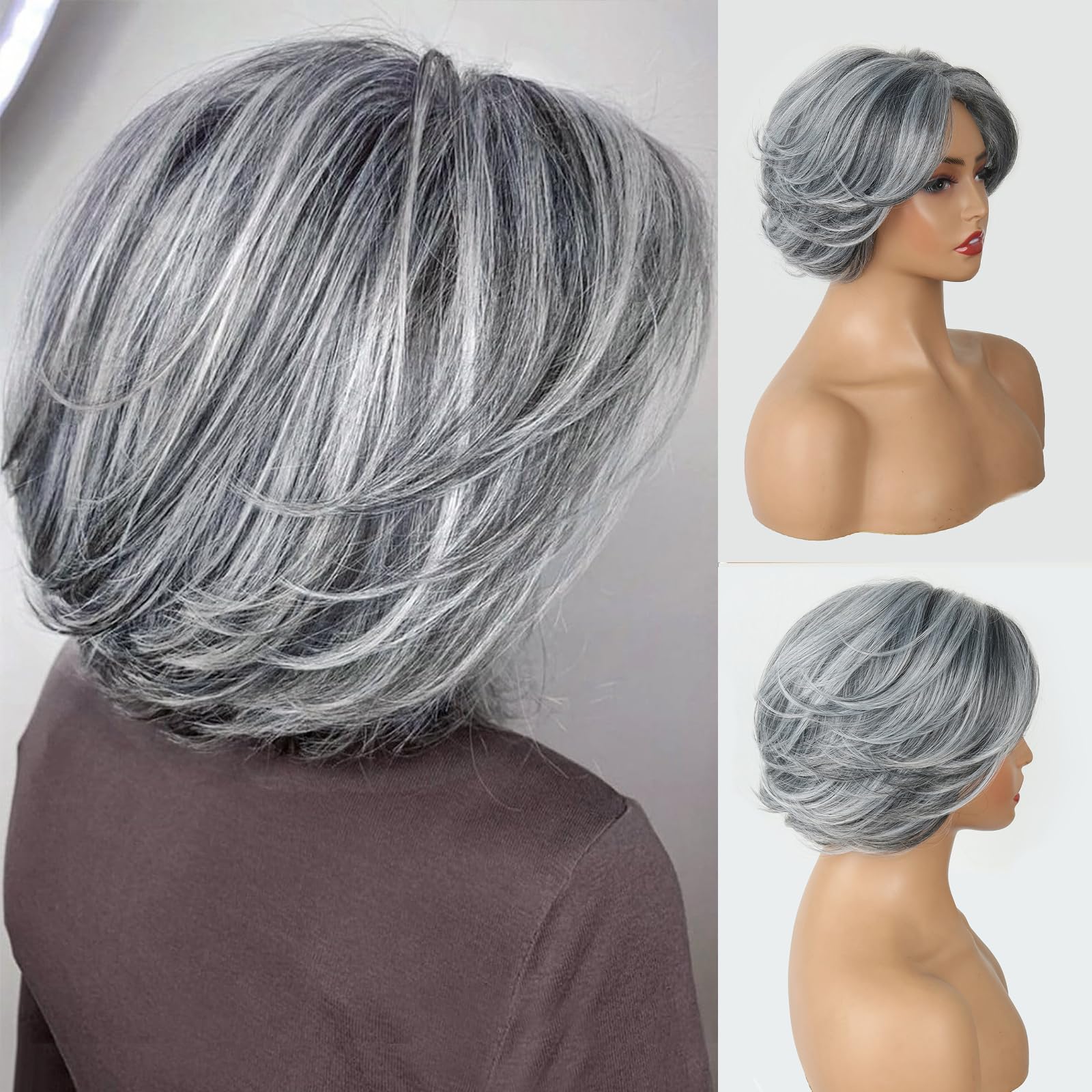 Aisaide Highlight Silver Gray Layered Bob Wig with Curtain Bangs for Women Synthetic Light Grey Highlight Bob Wig Short Grey Layered for Black Women(