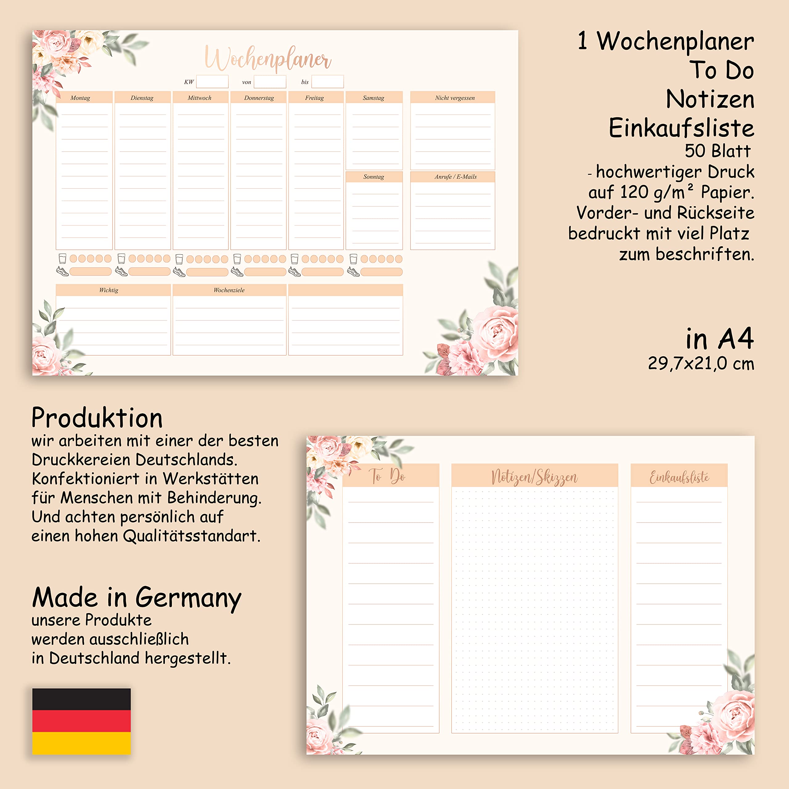 E&G Class Weekly Planner To Do Notes Sketches Shopping Lists Pad A4 50 Sheets Printed on Both Sides with Rose Motif Solid Paper 120 g/m² Weekly Calendar without Fixed Date Weekly Planner by E&G Class - Image 2