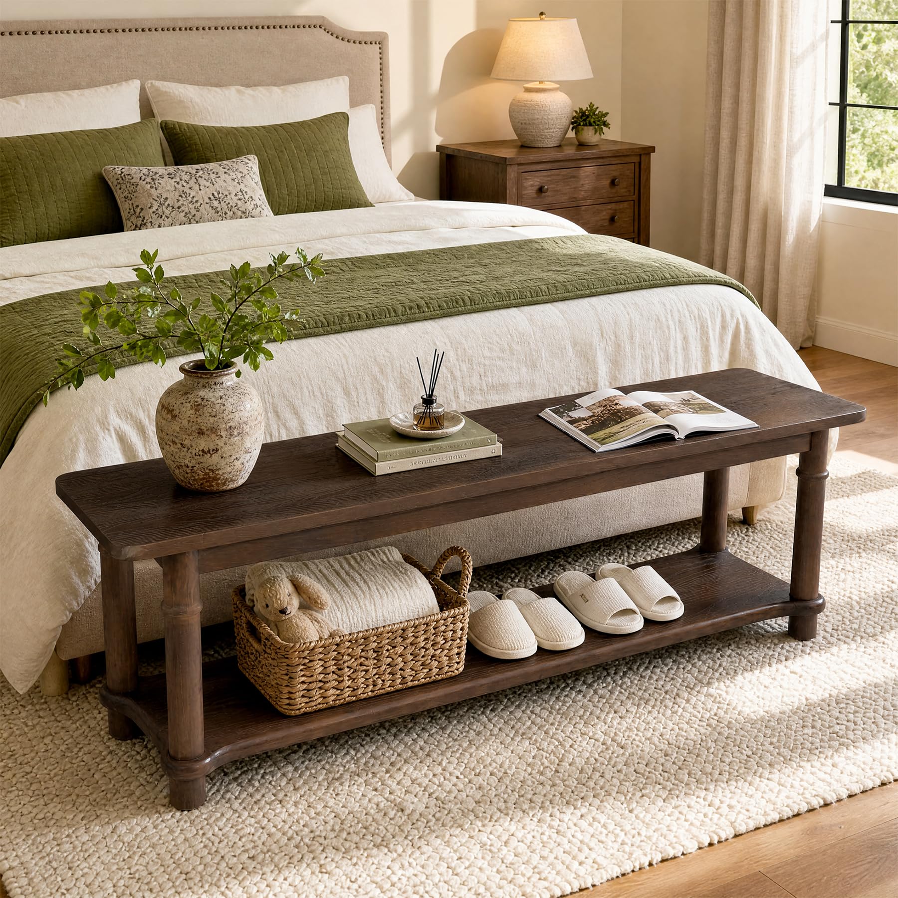 55-Inch Entryway Bench, 2-Tier Solid Wood Shoe Bench with Open Shelf, Farmhouse Narrow Seat for Hallway, Foyer, Mudroom, Bedroom, Walnut