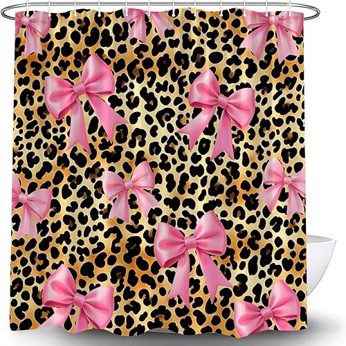 Miniatura 3 de Cortina de ducha con estampado de leopardo y lazo rosa, diseño de guepardo marrón, a la moda, bonito y moderno, decoración estética, juego de