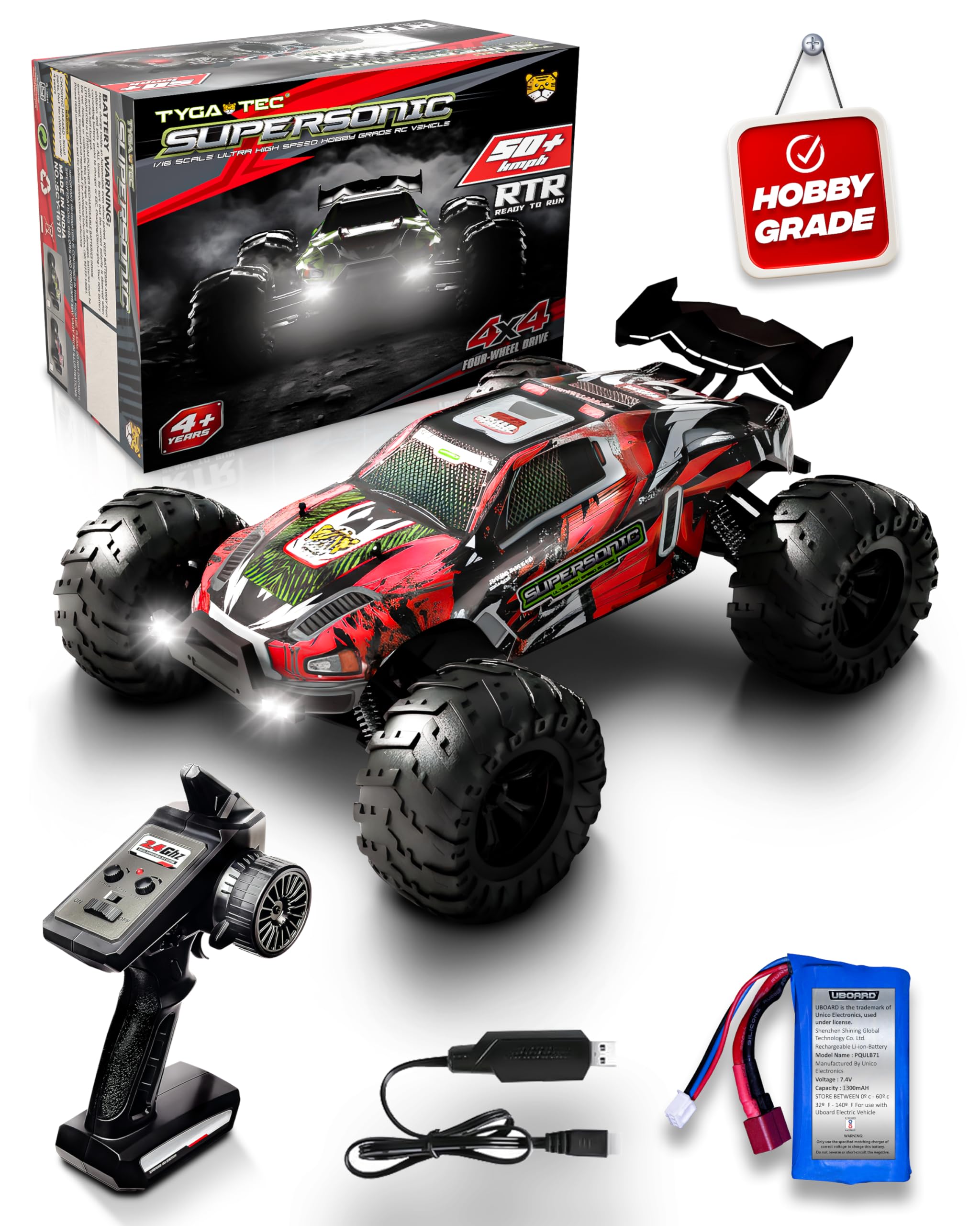 Tygatec 1:16 All Terrain Supersonic Rc Car,45 Kph High Speed Remote Control Car with 2.4 Ghz Remote Control,Electric Vehicle Off-Road Truck,4X4 Wheel Drive Rc Trucks with Rechargeable Batteries,Red