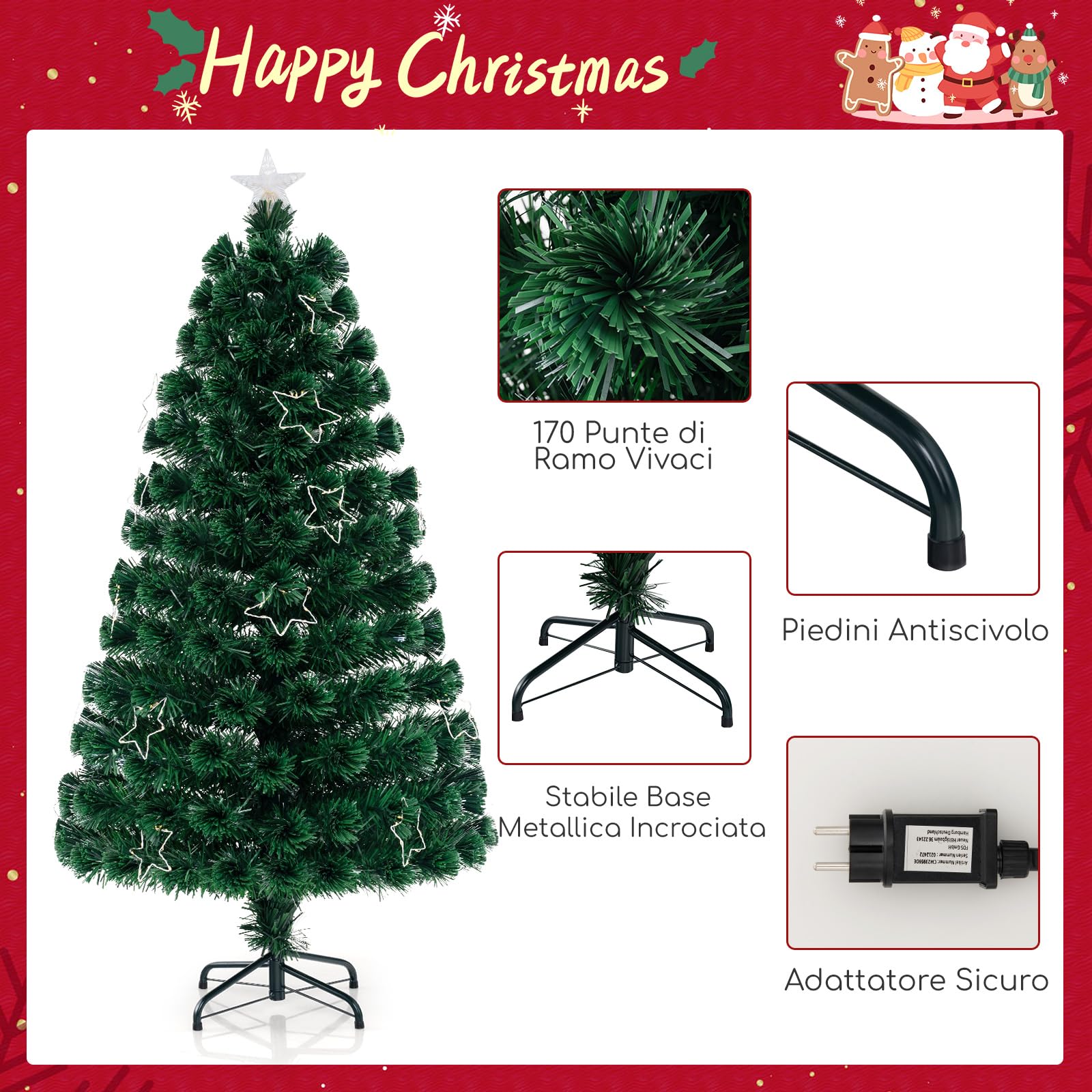 COSTWAY Albero di Natale in Fibra Ottica 120/150/180 cm, Albero di Natale Artificiale Pre-illuminato con 18/24/36 Luci a Stringa, Stella sulla Cima e 130/170/230 Punte dei Rami (150 CM)