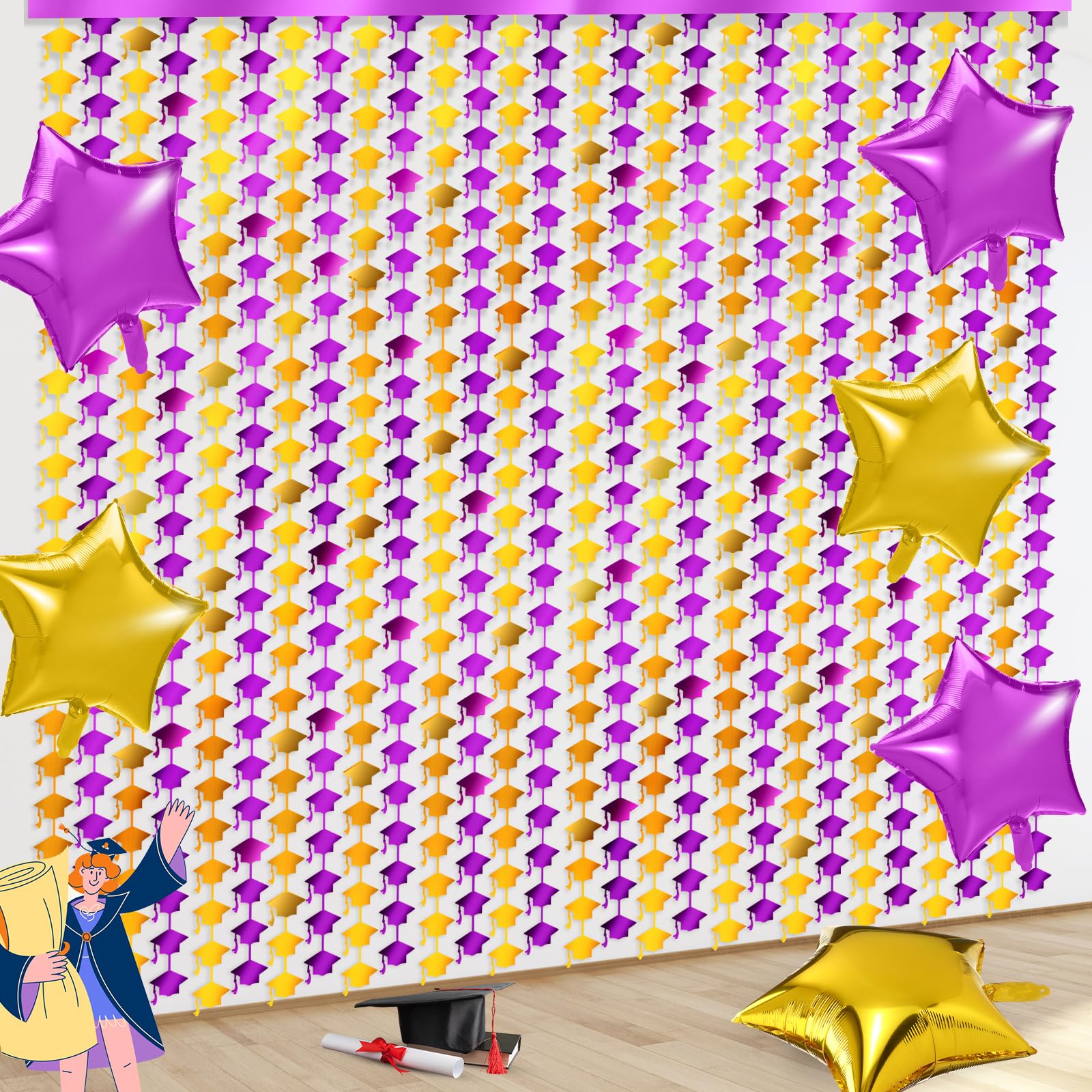 Lunmon Purple and Gold Graduation Party Decorations, 3 Pack 3.3 x 6.6 ft Grad Cap Tinsel Foil Fringe Curtain with 6 Pcs 18" Star Balloon, Graduation