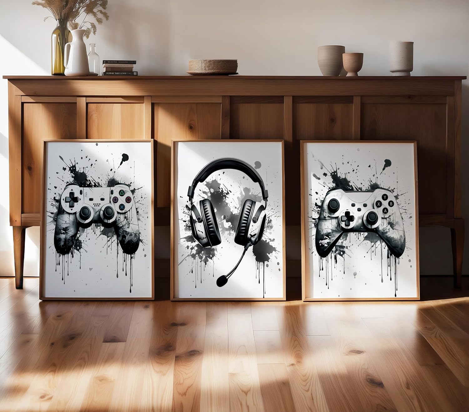 Monem Art 3-Piece Video Game Accessories Print - Gaming Poster - Geeky & Gamer Art - Modern Black & White Design - Minimal Game Room or Teen Boy's Room Decor - 16x20 UNFRAMED Wall Art