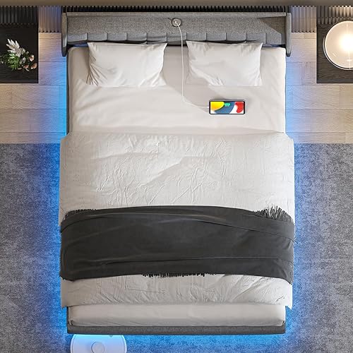Miniatura 8 de Marco de cama tapizado tamaño Queen, marco de cama flotante con cabecera de almacenamiento con respaldo de ala, puertos tipo C y USB, luces LED,