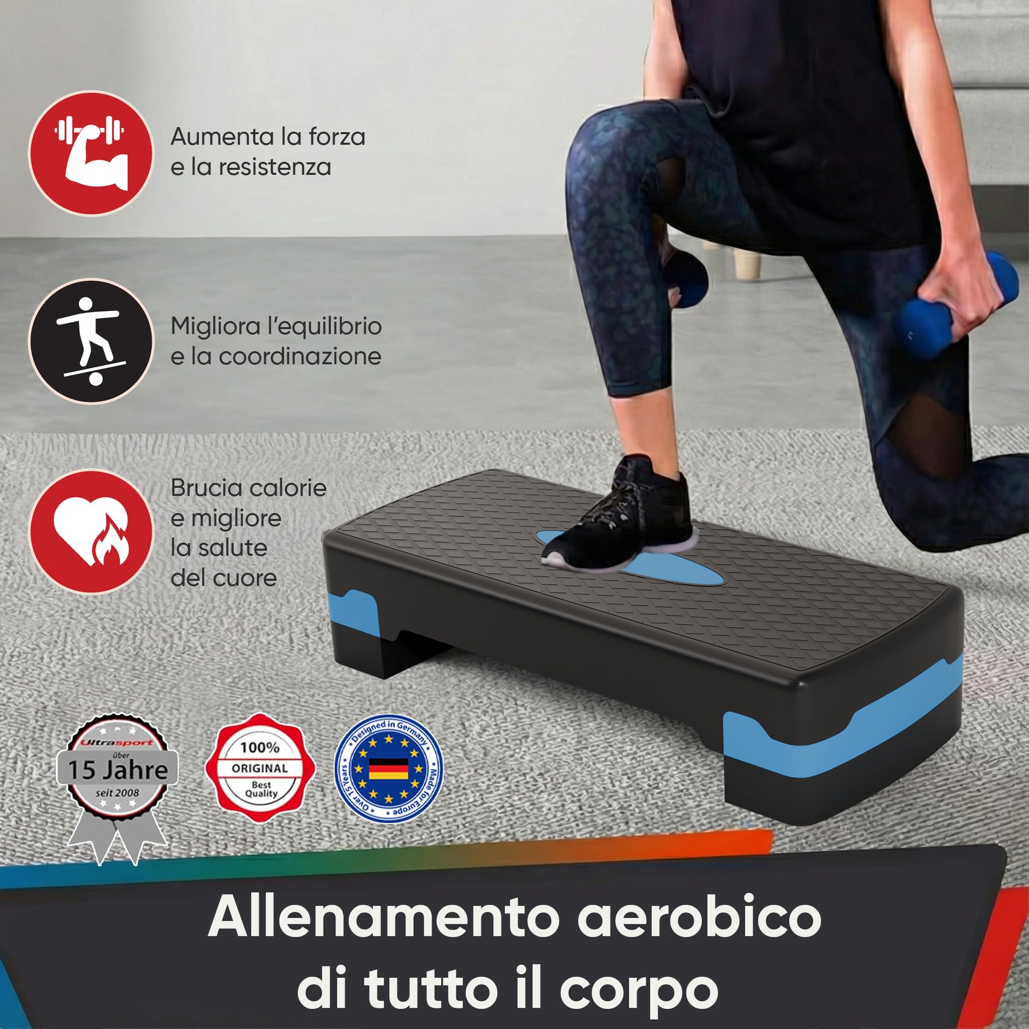 Ultrasport Step Fitness Aerobica Stepper Casa Antiscivolo Regolabile 2 Altezze Stepboard 68x28 cm Blu