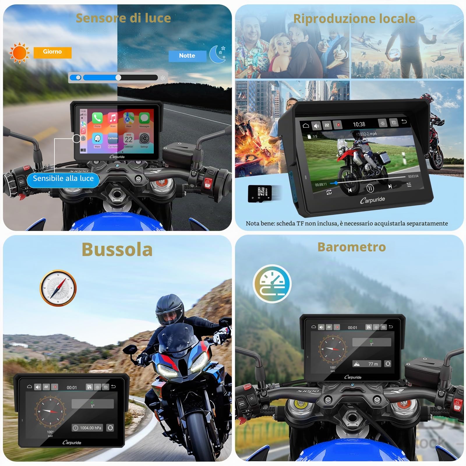CARPURIDE W502BS Pro per Moto BMW CarPlay e Android Auto, Doppio Bluetooth, Schermo di Navigazione Impermeabile da 5 Pollici, Lettura dati, Native Wonder, TPMS, Sensore di luce, Condivisione di Musica