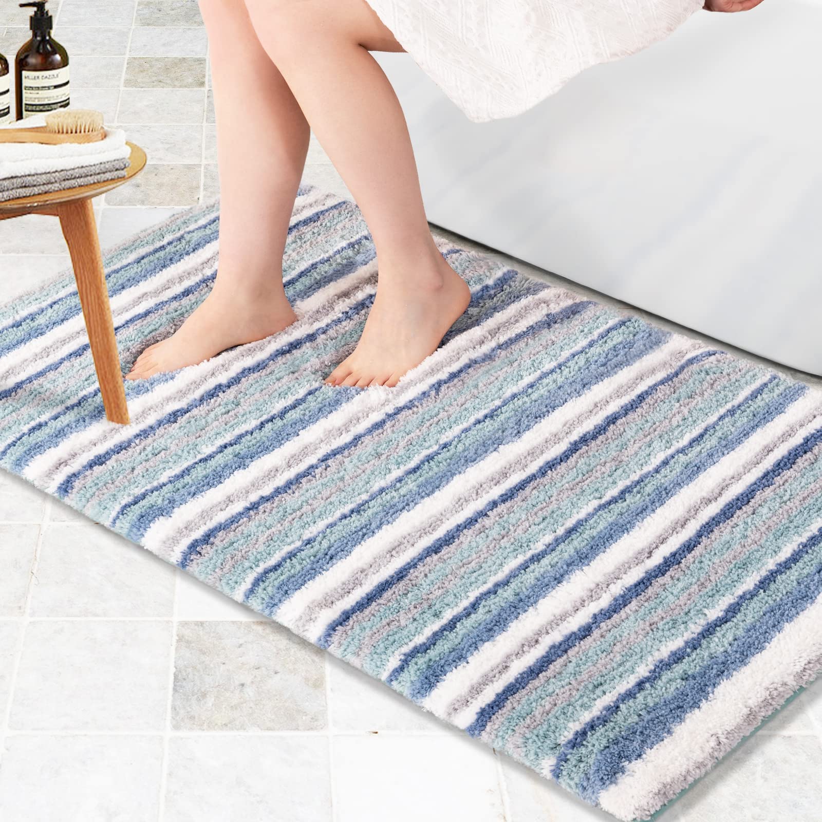 CarvapetBathroom Rug Mat 24"x47" Soft Absorbent Fluffy Microfiber Bath Rugs Non-Slip Shaggy Bath Mats for Bath Sink, Tub and Shower Machine Wash Dry Bathroom Floor Mat Blue Grey White