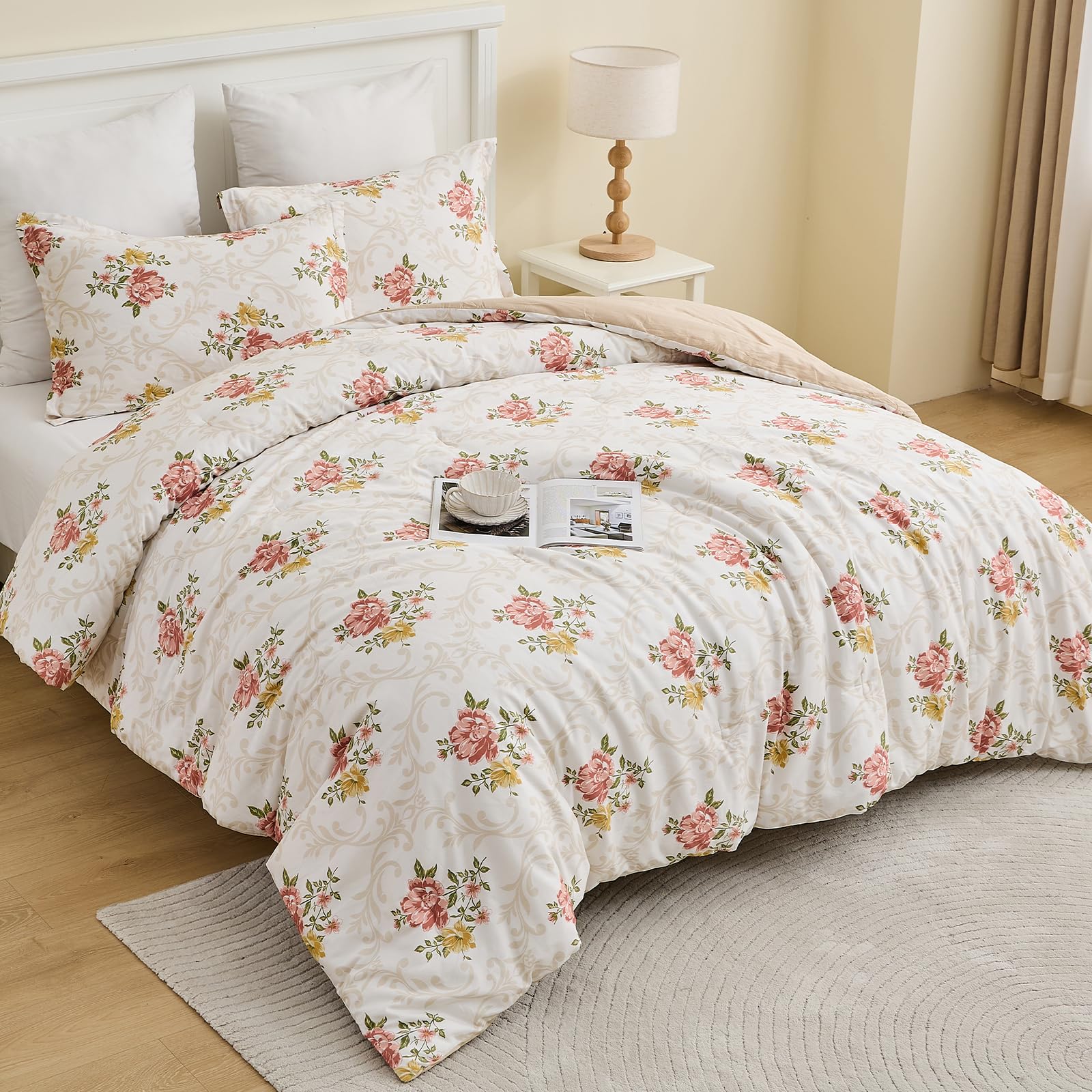 Luxury Floral Comforter Set King Size, Pink Yellow Soft Cotton Bedding Set, Farmhouse Floral Bed Set, 3 Pieces, 1 Comforter (90"x 104") and 2 Pillow Shams, Gift for Families