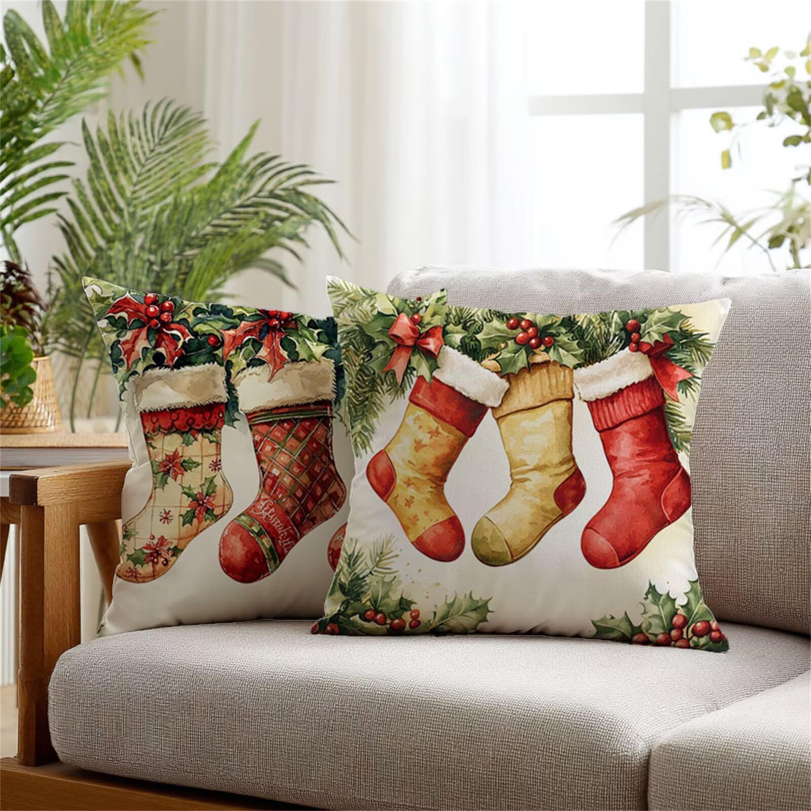Cuscini per Divano rosso Federe Cuscini Divano Calze Natale Copricuscini 60x60cm 2 Pezzi Impermeabili Velluto Federe Cuscino Letto, Stampa Fronte-Retro per Soggiorno Letto Camera Giardino Sedia 1Z-316