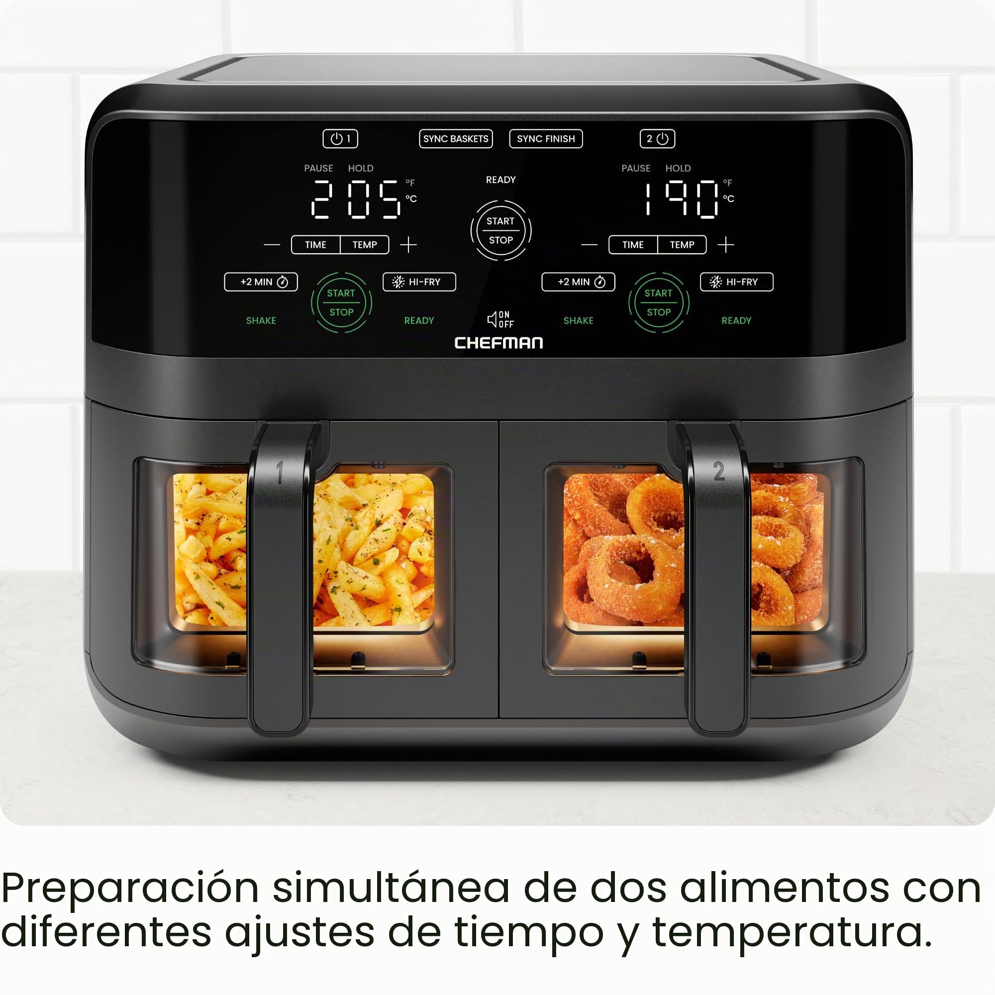 CHEFMAN Horno Freidora de Aire de 5,6L con Cestas Duales y Ventanas de Fácil Visualización, Sincronización de Finalización, Hi-Fry, Apagado Automático, Cestas Antiadherentes Apto para Lavavajillas