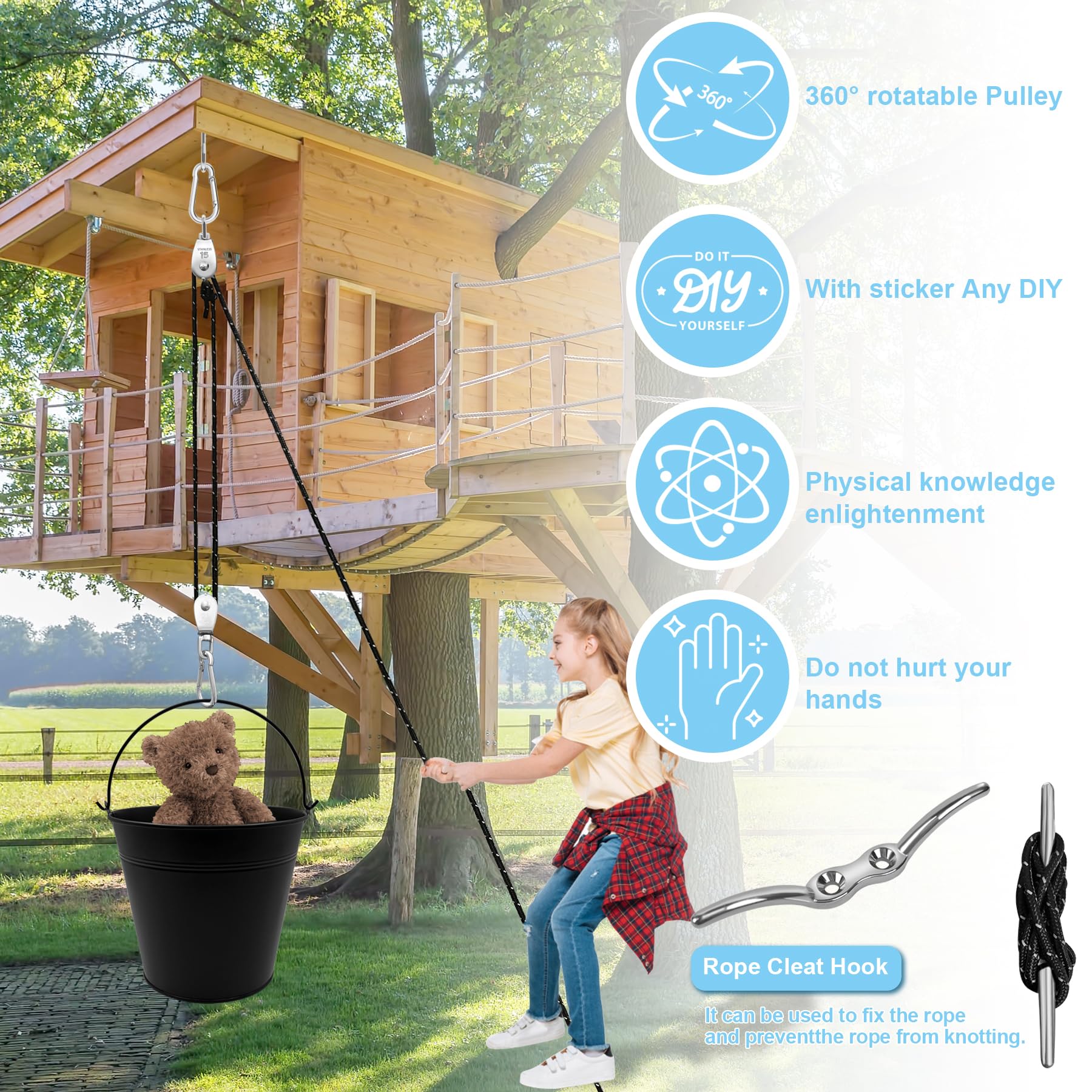 TZEKING Polea para Niños,Polea con 2 Cubo de Metal,Accesorios de casa de árbol para niños,polea con Cable de Cubo,Sistema de Polea para Niños,polea para niños,para Niños y Niñas a Partir de 3 Años