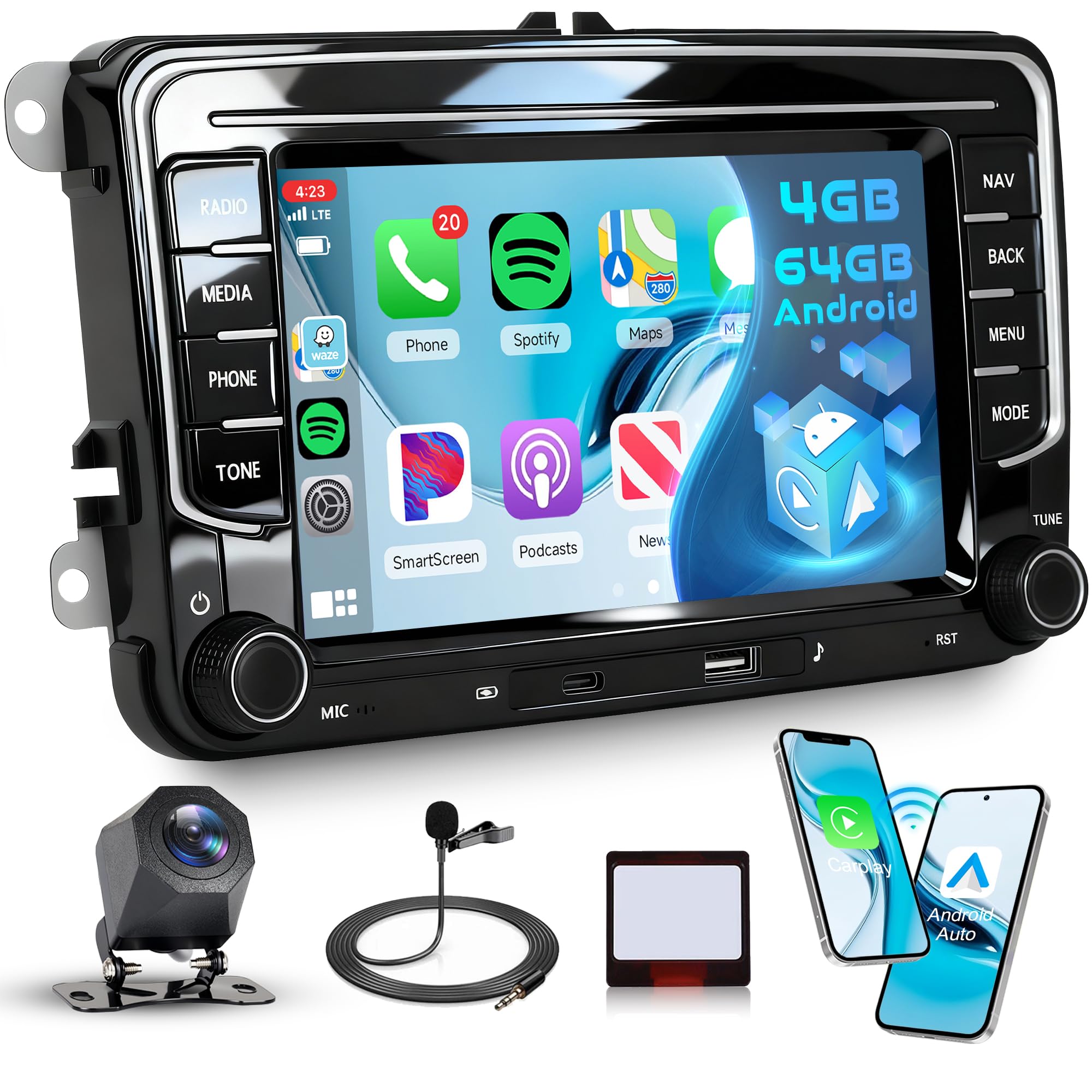 4G 64G Android Car Stereo for VW Passat Golf MK5 MK6 Jetta T5 EOS Polo Touran Seat Sharan Wireless Carplay Android Auto, 7'' Touchscreen Car Radio with GPS/BT 5.0/5G-WIFI/32EQ FM Backup Camera SWC
