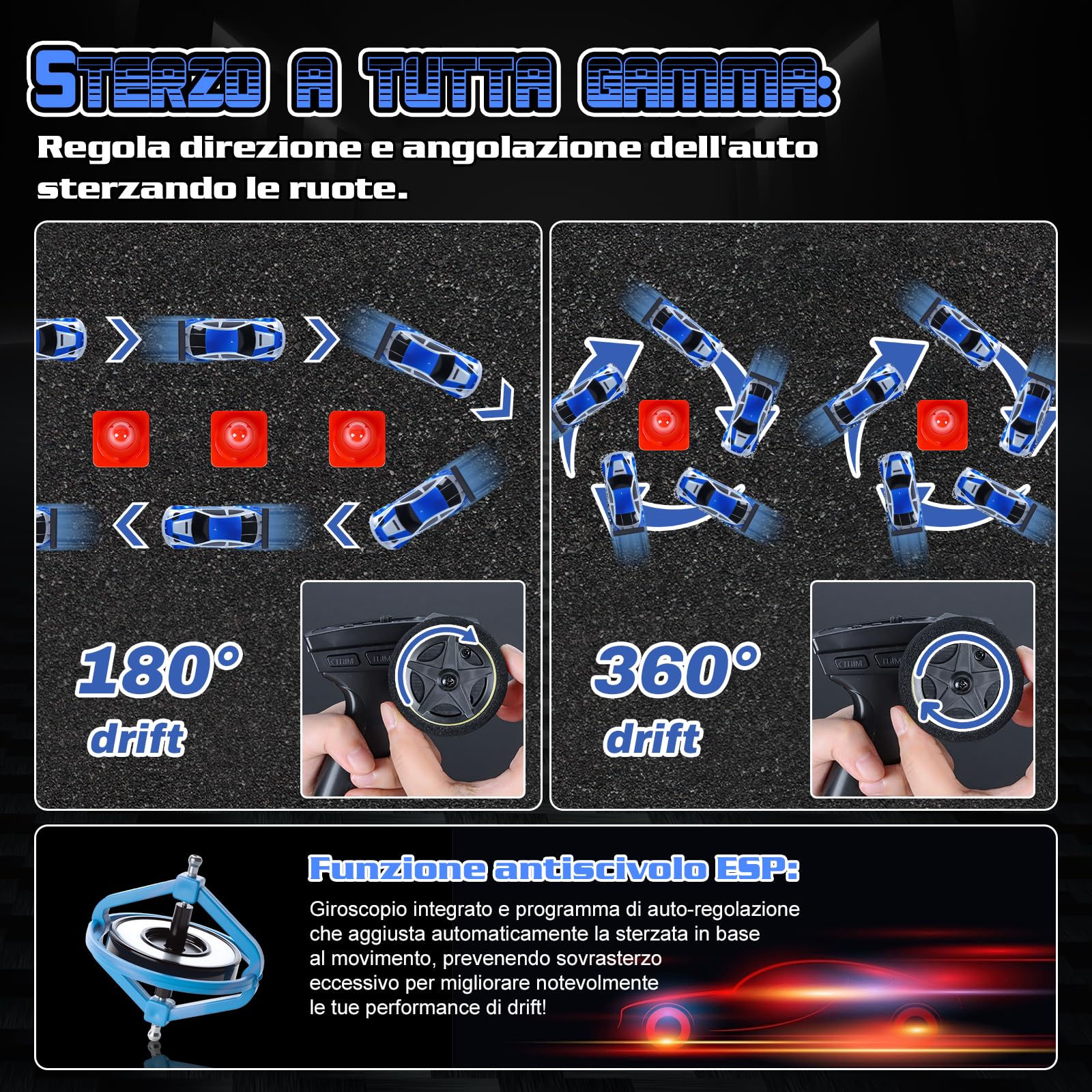 JONRRYIN RC Auto Drift Pro 1:43, Macchina Telecomandata Drift, Mini Drift Car, Micro Macchina Telecomandata con Luce LED, 15km/h, Auto Giocattolo per Bambini di 14 Anni (Blu Pro-Gyro)