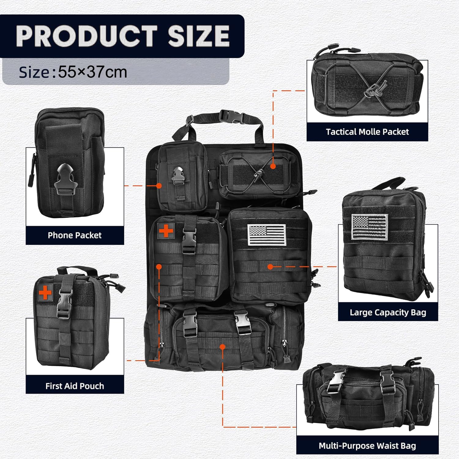 Molle Organizer na oparcie fotela samochodowego z 5 zdejmowanymi torbami Molle, do samochodów ciężarowych (czarny)