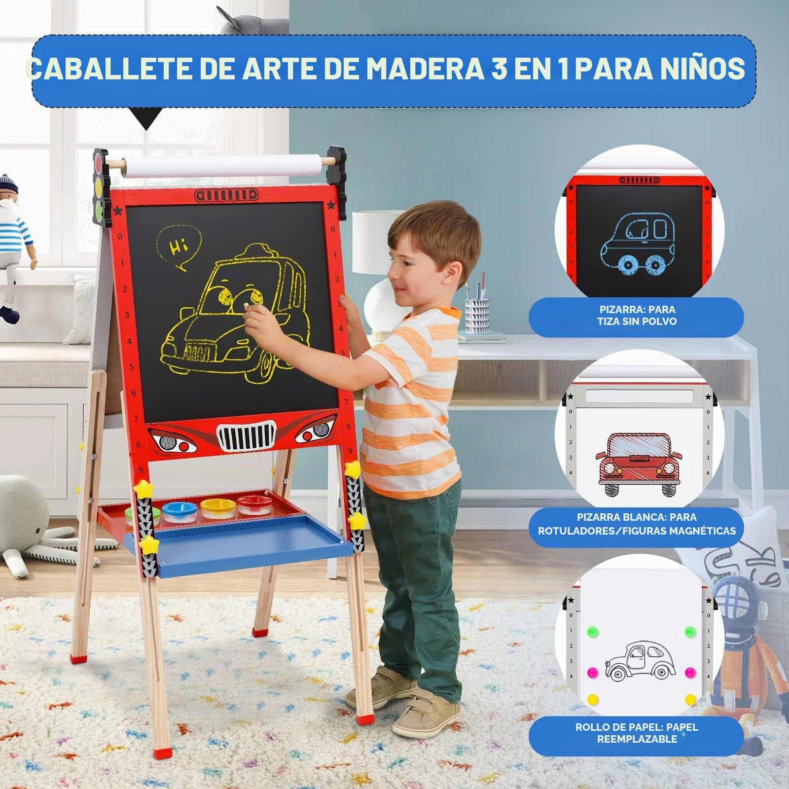 Pizarra Infantil Caballete para Niños Diseño de lazo Pizarra Blanca y Altura Ajustable Tablero de Dibujo de Doble Cara para Niños (Rojo)