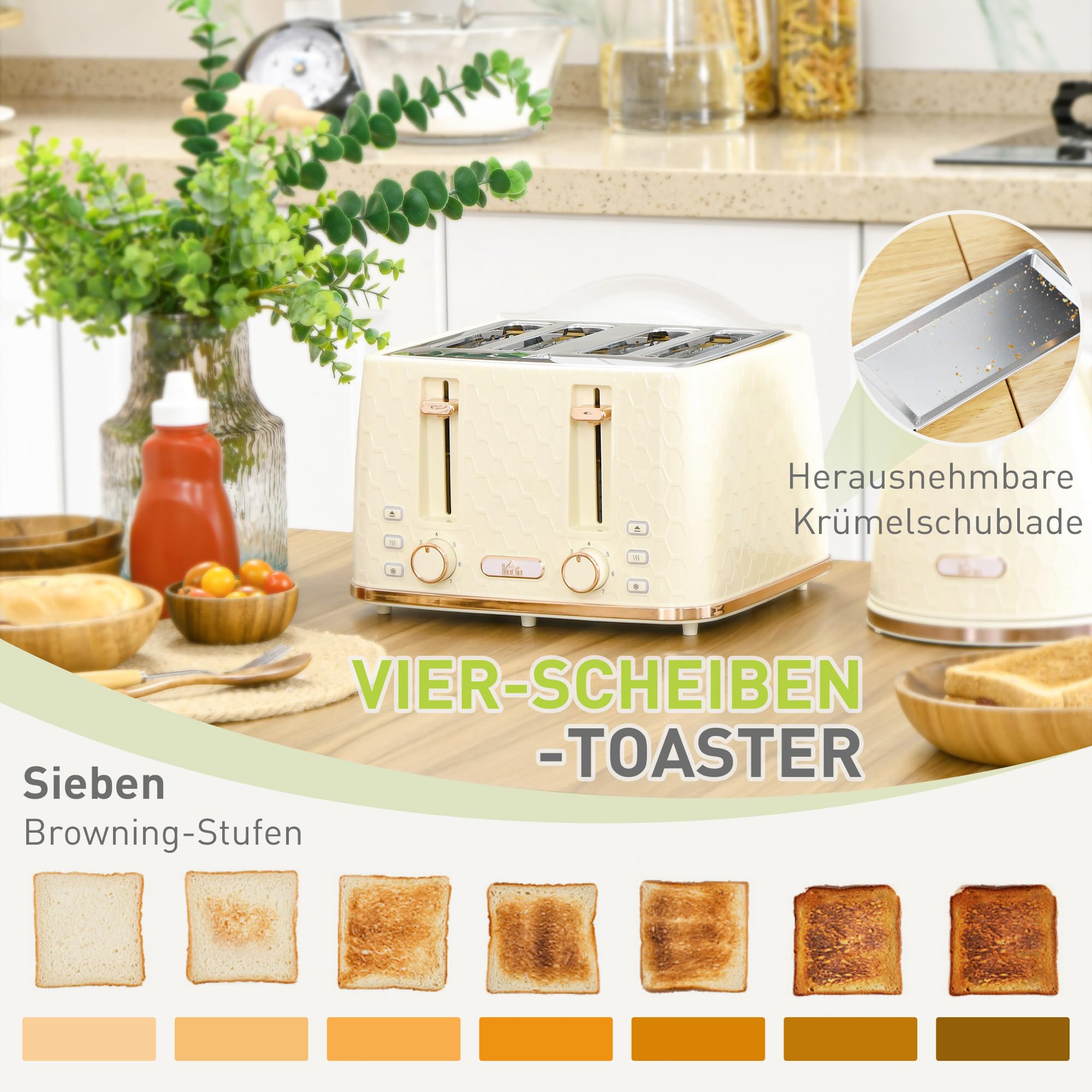 HOMCOM Kettle Toaster Set 1,7L Bollitore 4 fette di pane tostato Set per la colazione con 7 livelli di doratura, spegnimento automatico, funzione di scongelamento e riscaldamento e vassoio
