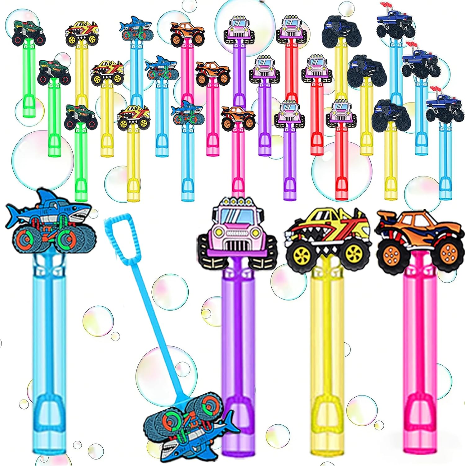 24 Pcs Monster Truck Bubble Wands, Birthday Favors, Goodie Bag Fillers | Monster truck bubble wands with off-road toppers for birthday party favors, goodie bag fillers and pinatas.