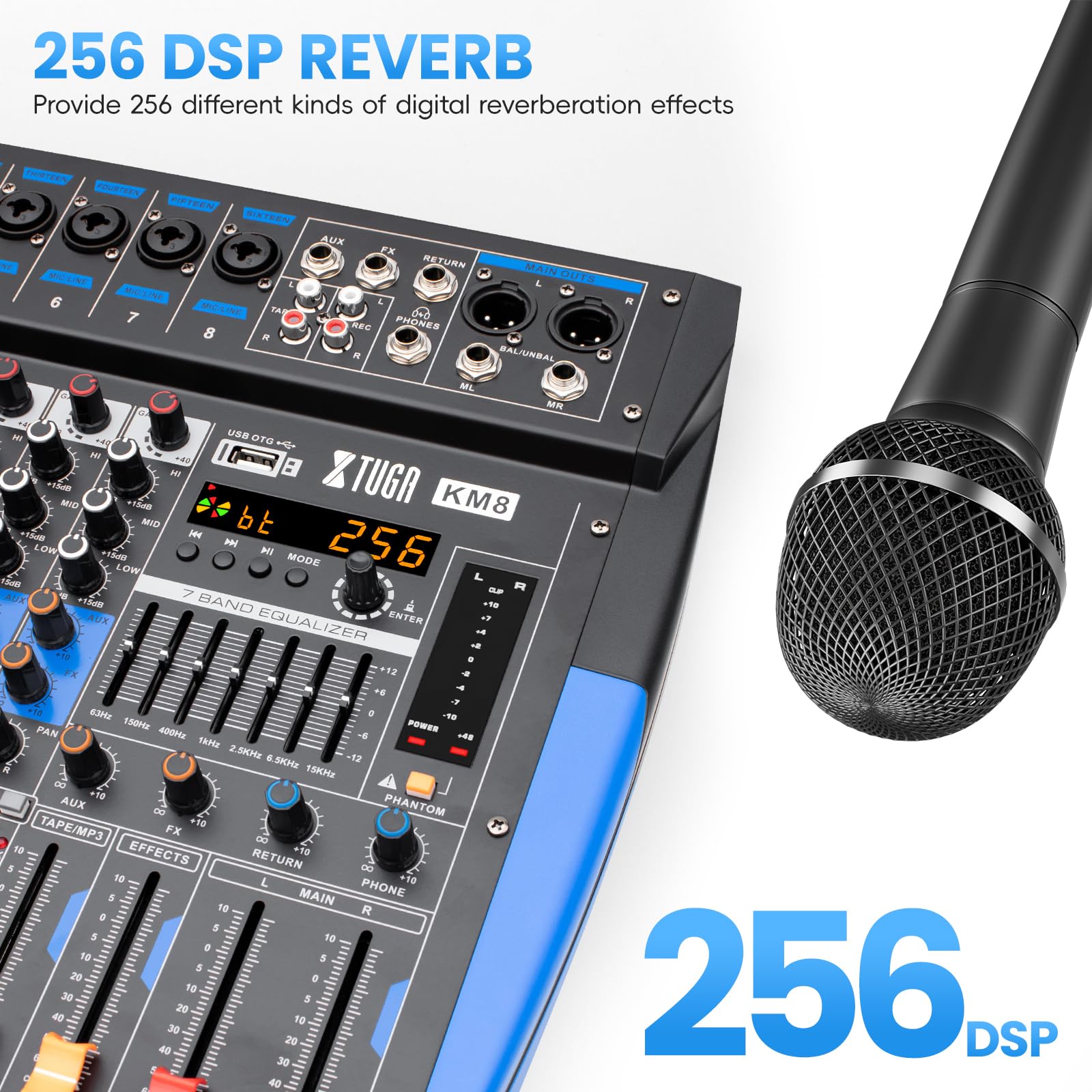 XTUGA KM8 - Mezclador de audio profesional de 8 canales, compatible con Bluetooth/USB/MP3, alimentación fantasma de 48 V, efecto DSP 256 para grabación de PC, karaoke, rendimiento de escenario