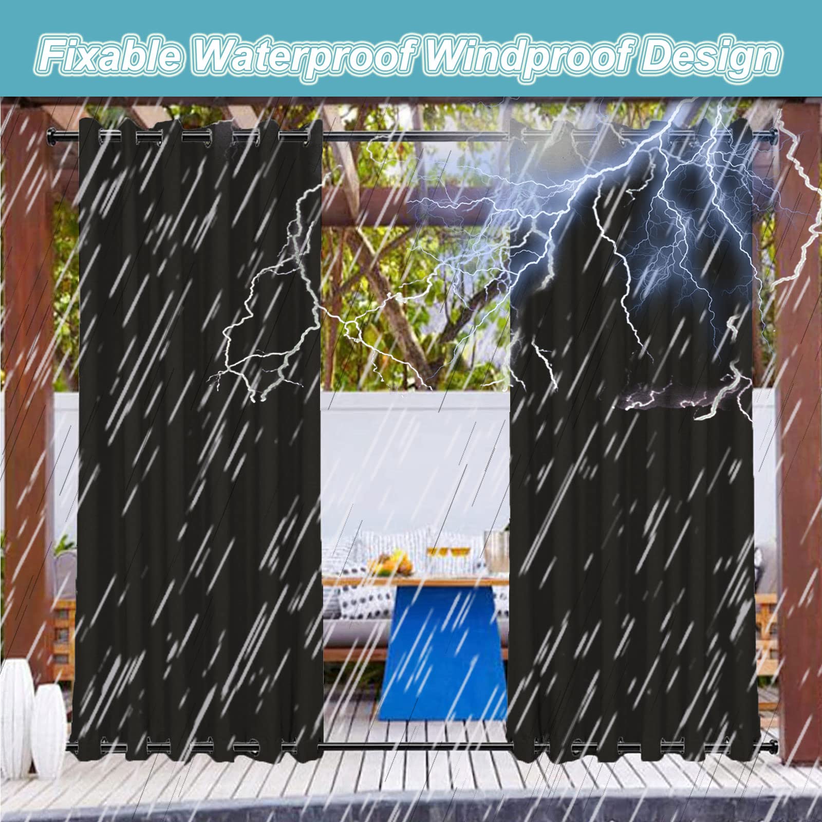 TECDOTO Wasserdichter Outdoor Vorhänge für Garten Terrassen Pavillon Vorhang, Thermisch Isoliert Verdunkelungsvorhänge mit Öse Oben und Unten, Sonnenschutzvorhänge |1 Panel-Schwarz-B244cm xH132cm