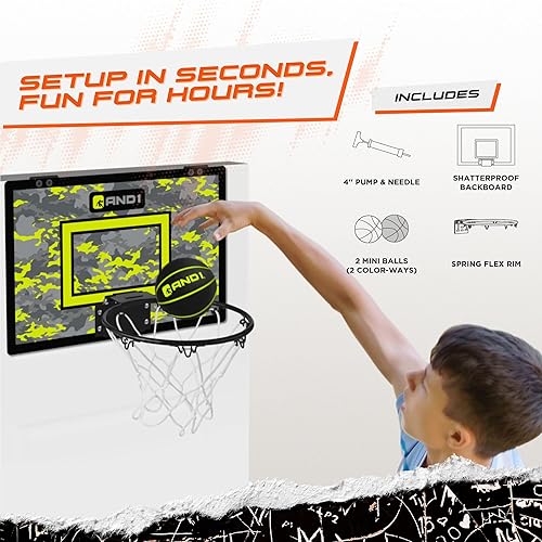 Vista 7 de AND1 - Mini canasta de baloncesto para colocar sobre la puerta, portátil, premontada, con borde flexible, 18 x 12pulgadas, incluye 2 mini pelotas