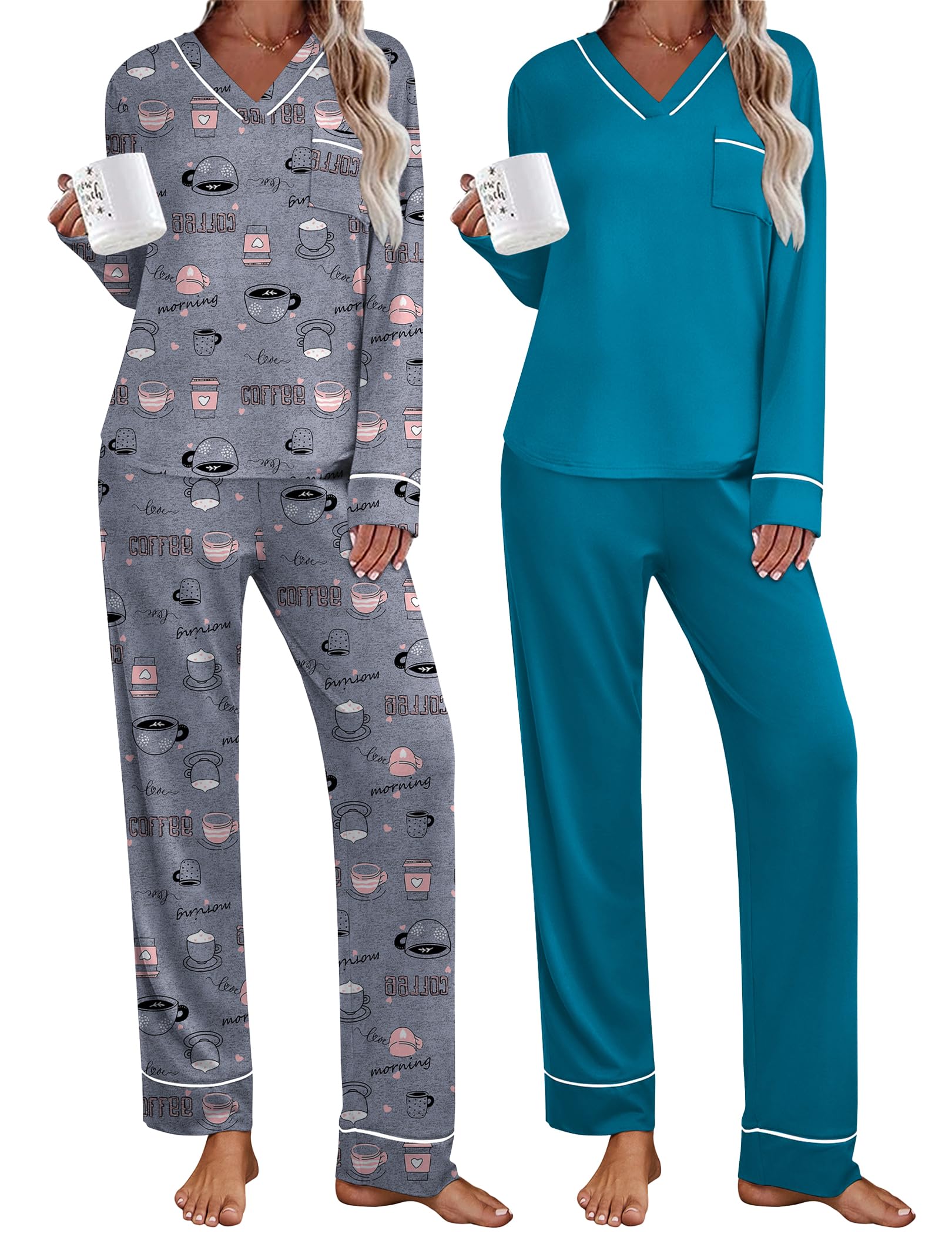 Ekouaer 2 Pack Womens Pajama Set Long Sleeve Sleepwear Loungewear V Neck Pjs Sets with Pockets S-XXL
