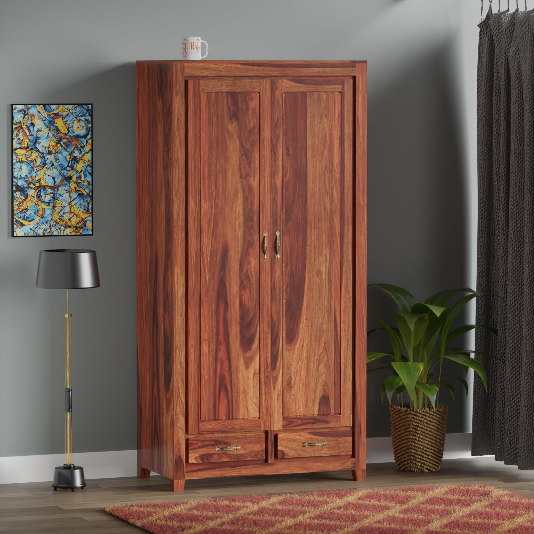 Wooden Wardrobe Organizer for Storage with 3 Drawer & 2 Shelves Storage - Solid sheesham Wood Cupboard for Bedroom - Wooden Almirah Organizer for Clothes Storage (Design 5)-image-21