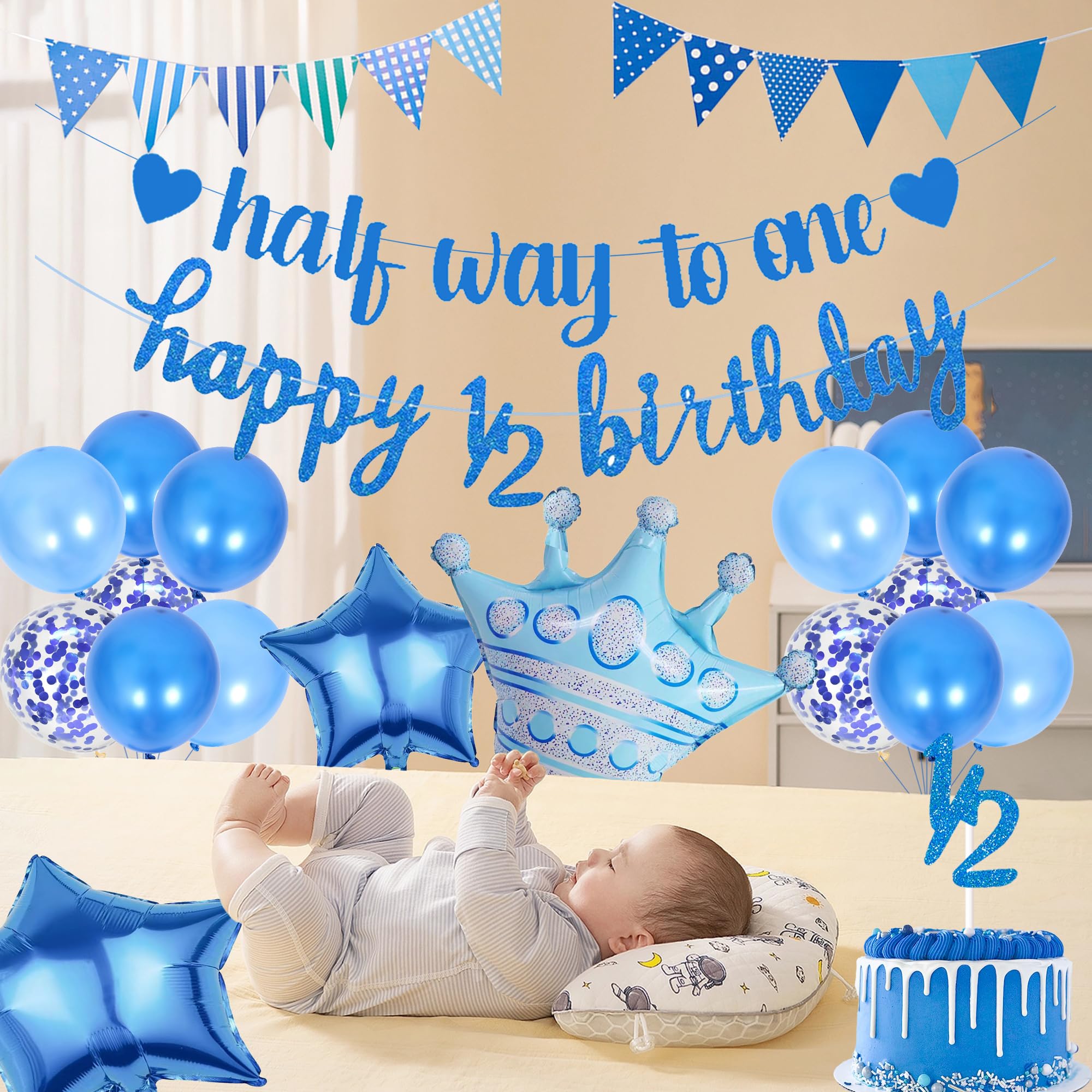 Half Way to One - Decorazioni per feste di 6 mesi, con scritta Happy 1/2 Birthday, triangolare, bandiera, stella, palloncino, coriandoli, palloncini per bambini e ragazzi, forniture di compleanno