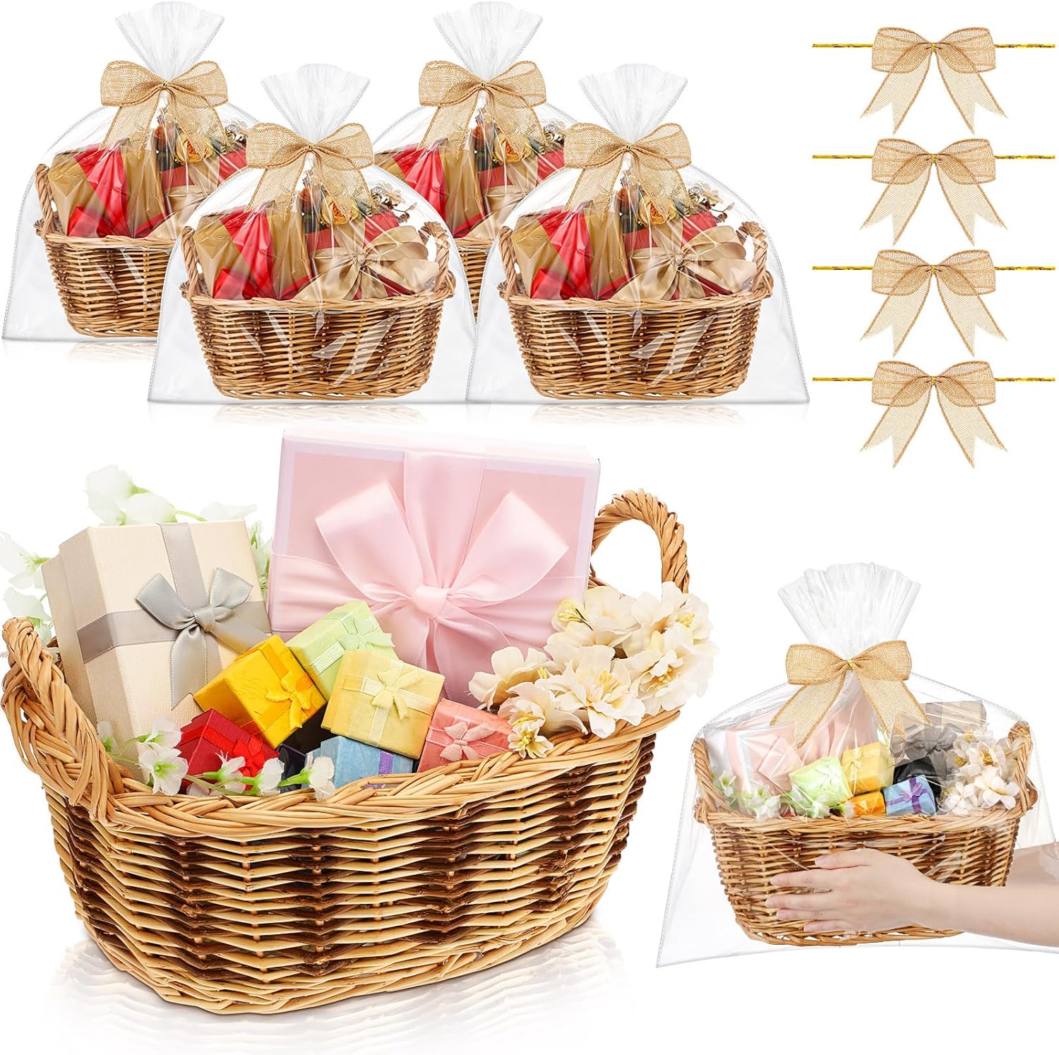 GlikCeil 4 Sets Bulk Wicker Baskets for Gifts with Gift Bags Bow Wicker Flower Basket Woven Stackable Goodies Basket Empty DIY Gift Basket Set for Wedding Birthday
