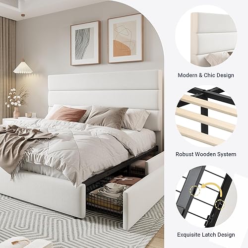 Miniatura 6 de Allewie Base de cama moderna de tamaño matrimonial con 4 cajones de almacenamiento y cabecera tapizada de terciopelo, soporte de listones de madera,