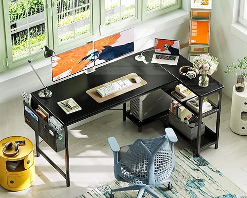 Miniatura 2 de ODK Escritorio pequeño en forma de L de 55 pulgadas con tomas de corriente, escritorio de esquina con soporte de PC y estantes de almacenamiento