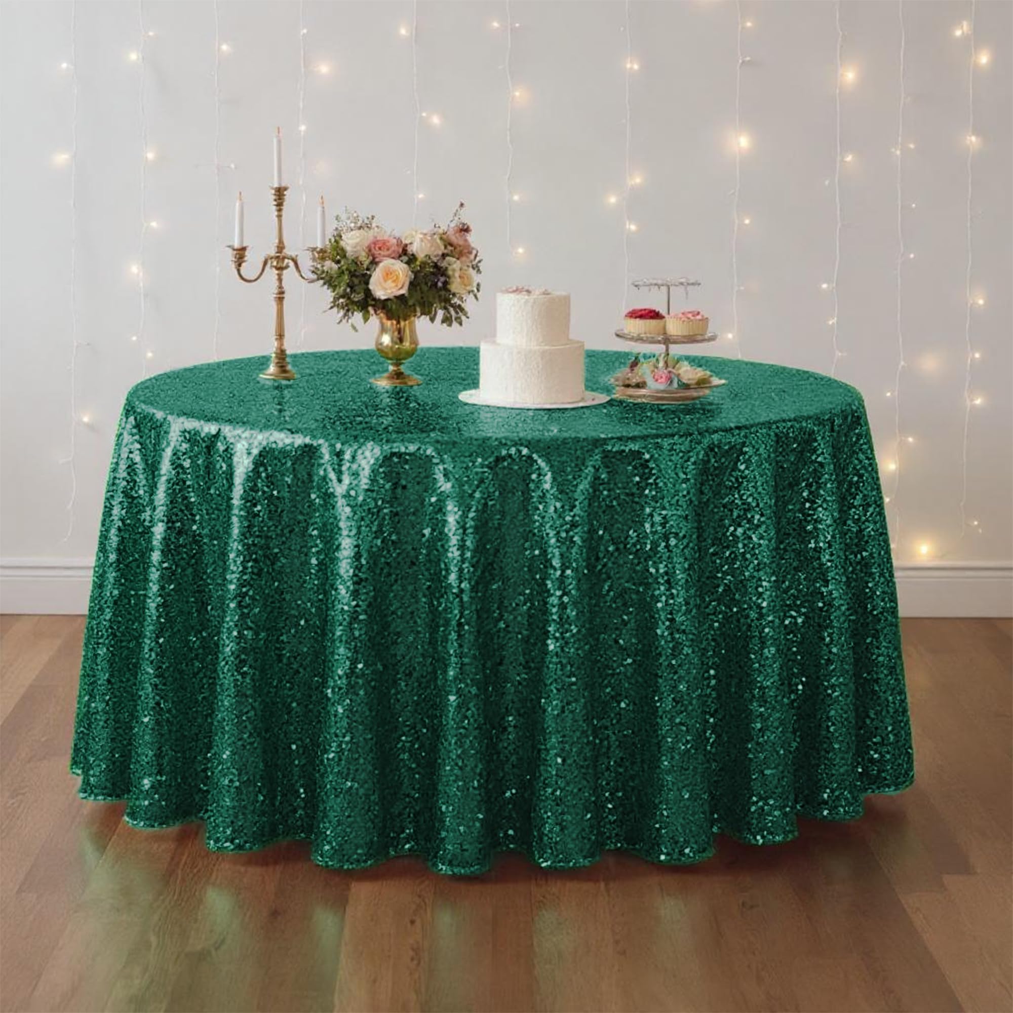 WedDecor Sequin Tablecloth 120-Inch Round Shiny Glitter Emerald Green Table Cover For Birthdays, Wedding, Banquets, Reception, Dining Party, Baby Shower, Table Decorations, Pack of 5