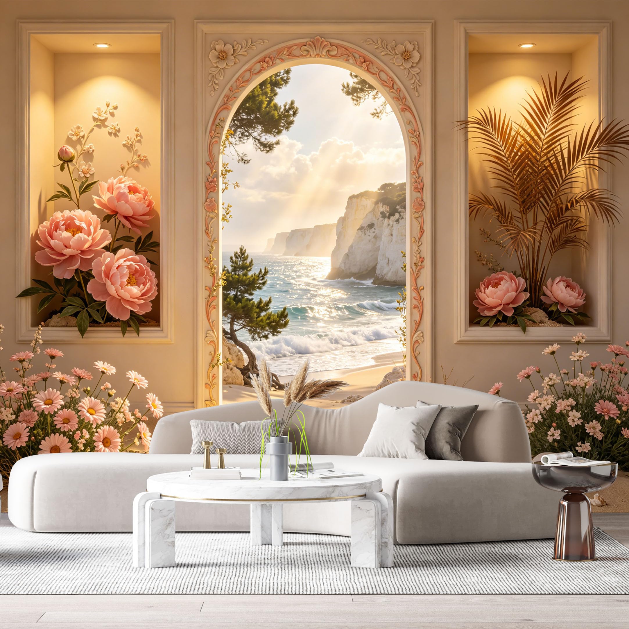 Custom Size Wall Murals Coastal Botanical 3D Trompe L'Oeil Archway Beach Cliff Palm Peony SelfAdhesive Wall Fabric Removable Large Wallpaper for Photo Living Room