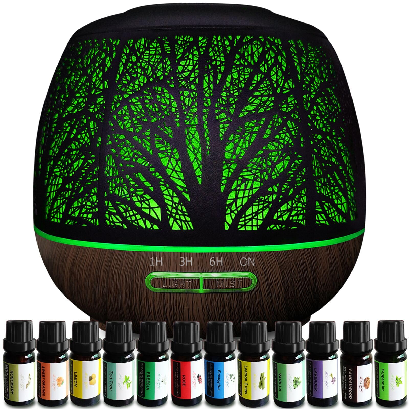 Diffusers for Essential Oils Large Room 400ml,Essential Oil Diffusers for Home with 12 Aroma Oils,Cool Mist Humidifiers for Bedroom, 7 LED Colors & 3 Mist Modes Waterless Auto Off for Office House