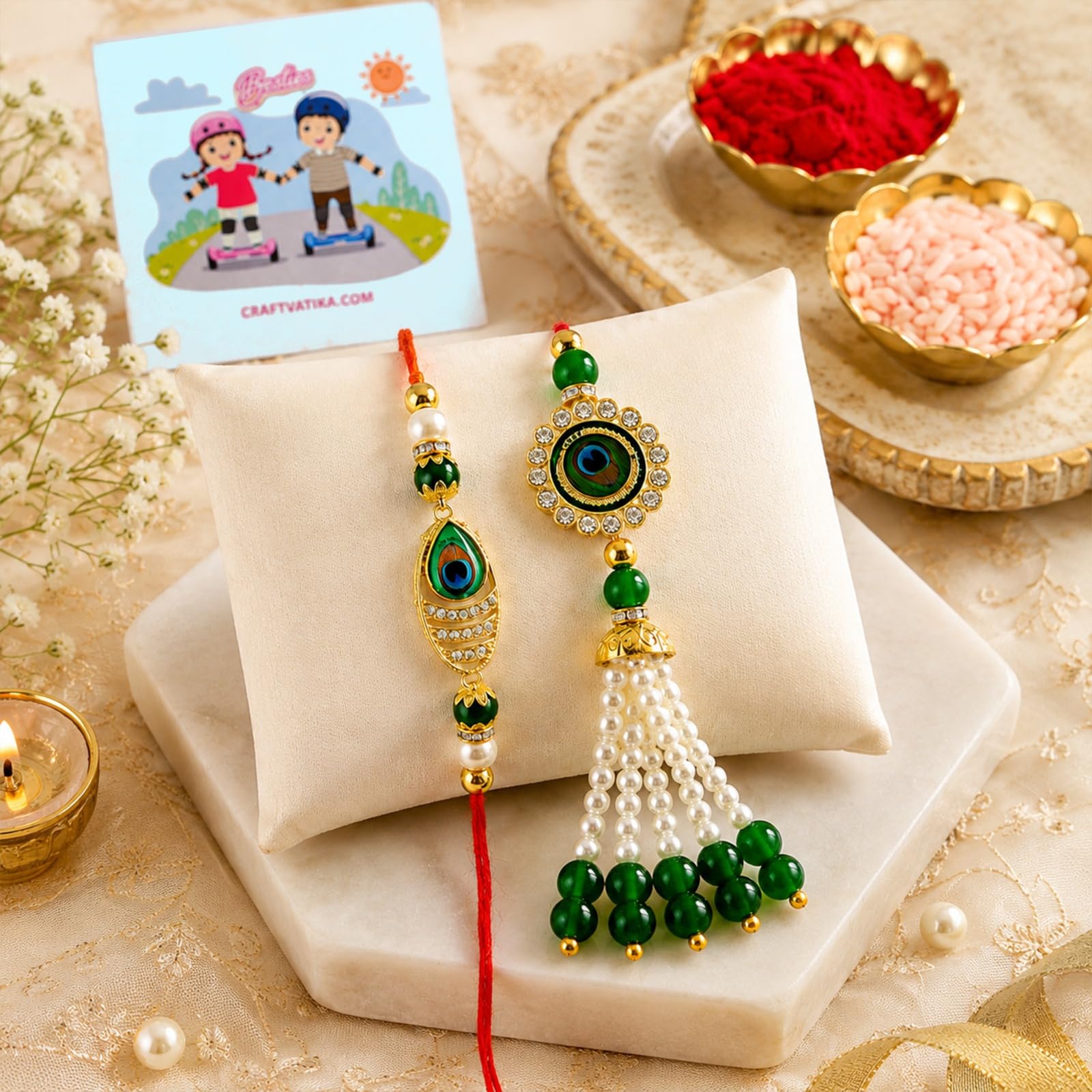 CraftVatika Rakhi for Brother and Bhabhi | Premium Rakhi Set Bhaiya Bhabhi with Fridge Mgnet | Couple Pair Rakhi for Bhai Greeting Card and Tillakk Set| rakhis for rakshabandhan Set of 2 with Gift