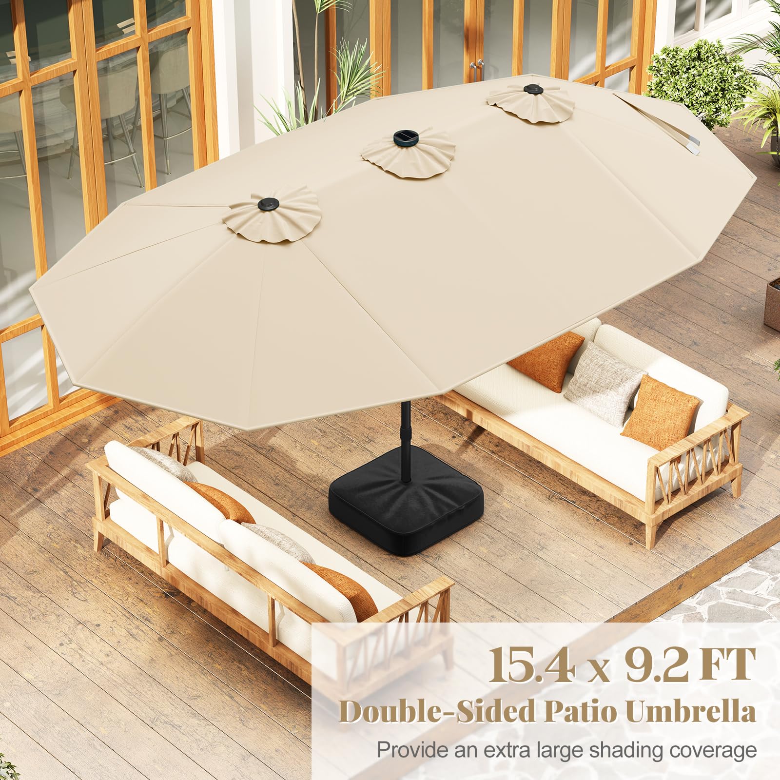 Tangkula 15FT Double-Sided Solar Patio Umbrella, Extra-Large Outdoor Twin Umbrella with 48 LED Lights, Vented Top, Crank Handle, 12 Ribs, Weighted Base Included for Backyard Poolside Deck (Beige) : Patio