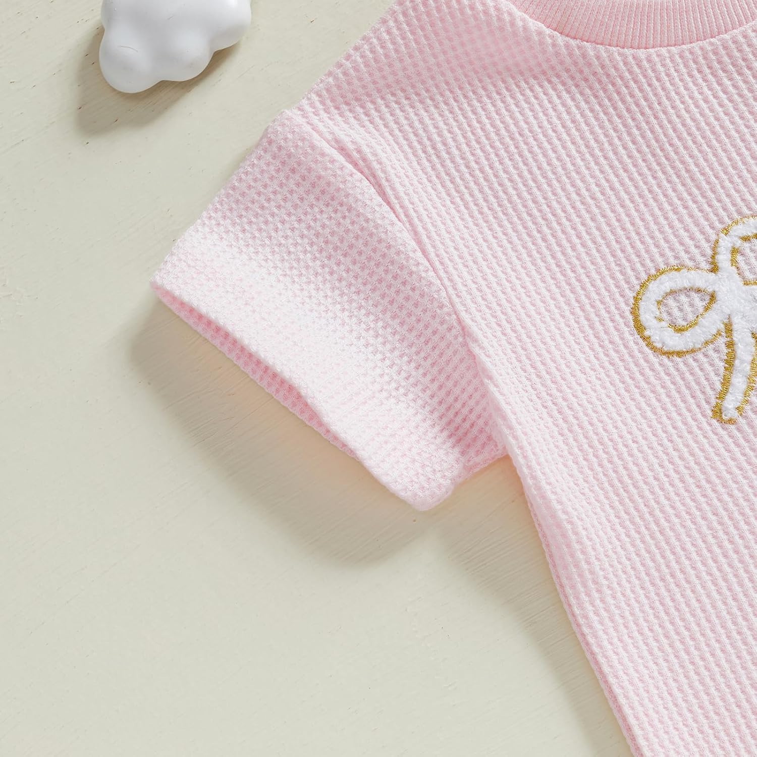 Suolongsama Toddler Kids Baby Girl Summer Clothes Bow Short Sleeve T-shirt Top and Shorts Set 2Pcs Waffle Outfits - Image 3