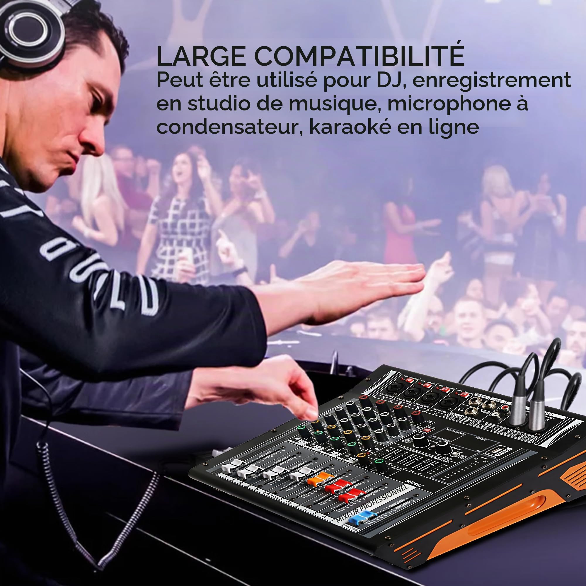 Table Mixage Amplifiée 4 Ohm 2x300w dj Professionnel Console de Mixage Amplifier avec 99 DSP Effect, Tabl Mixag 4 Canaux dj Pro Audio Mixer avec Usb Bluetooth