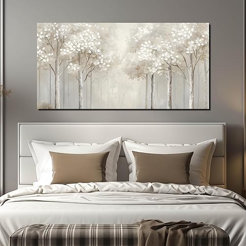 Miniatura 7 de ANCXWOTER Arte de pared de bosque grande para sala de estar, cuadro de abedul blanco brumoso para dormitorio, oficina, paisajes modernos,